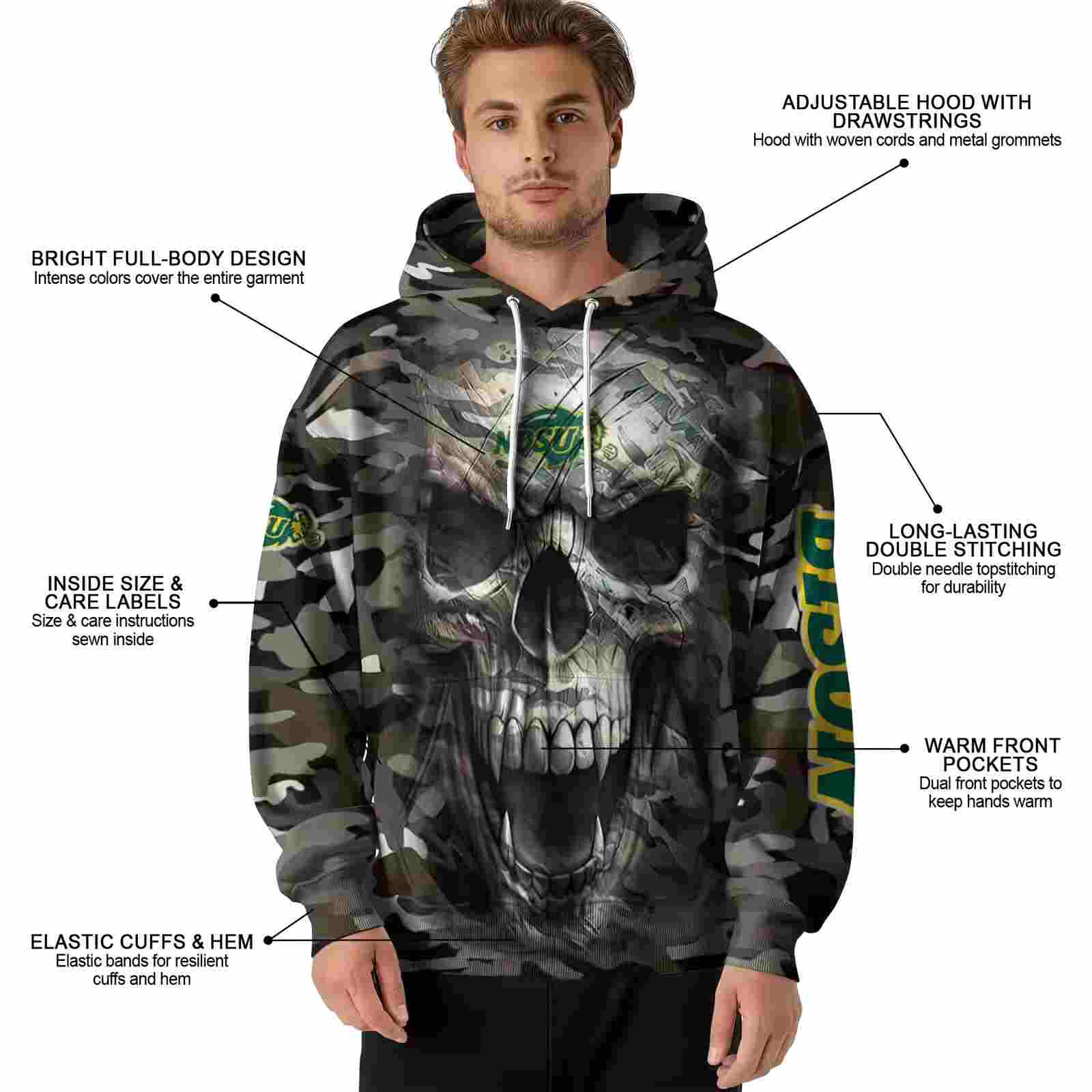 personalized north dakota state bison camo skull hoodie latest model