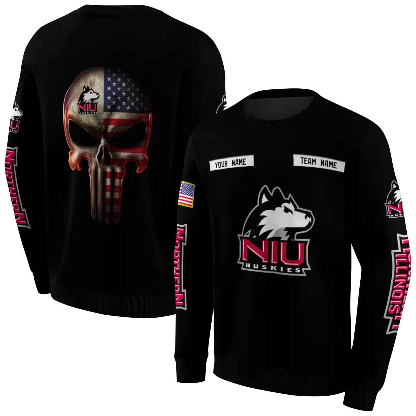 personalized northern illinois huskies punisher skull black hoodie premium grade