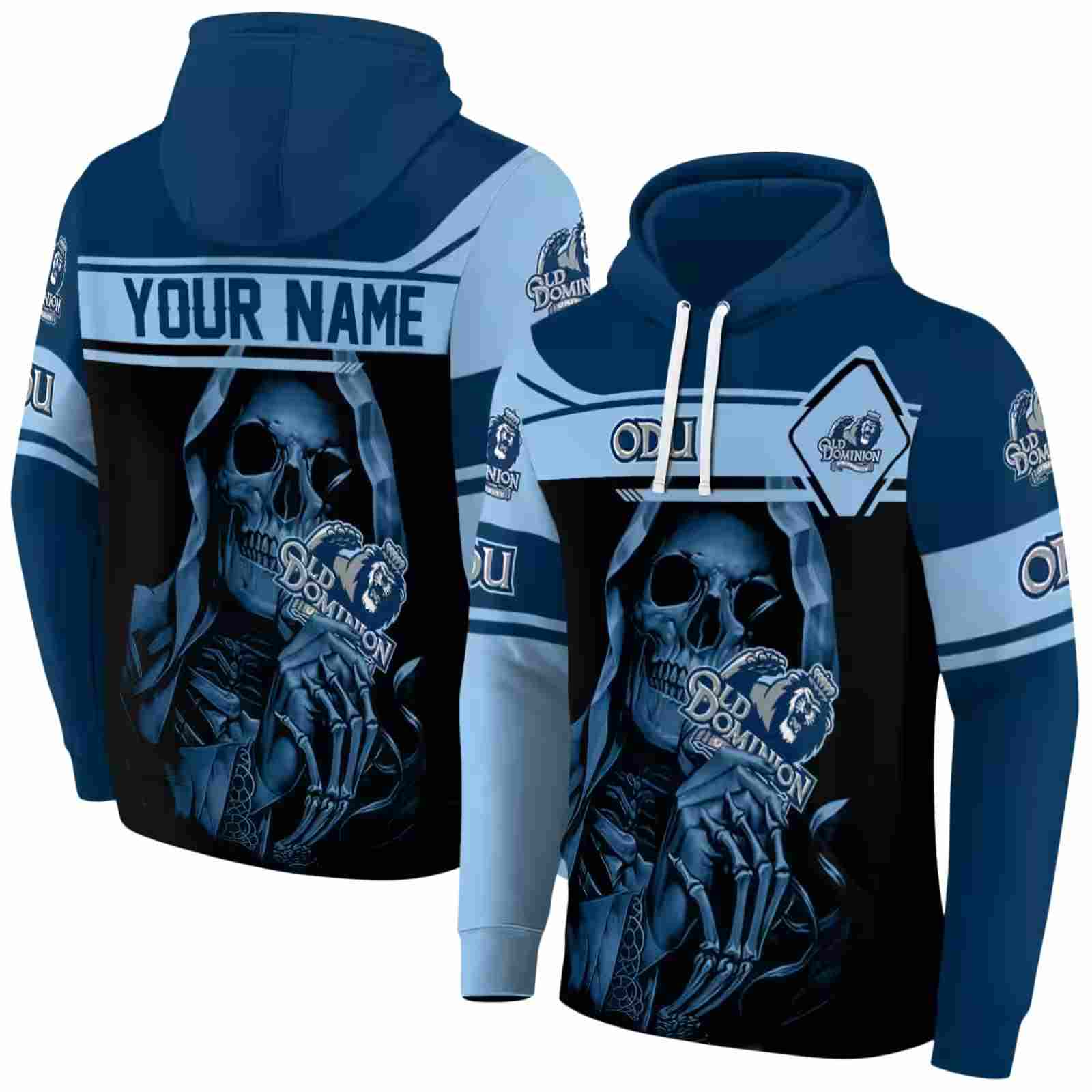 personalized old dominion monarchs grim reaper blue black hoodie fashion forward