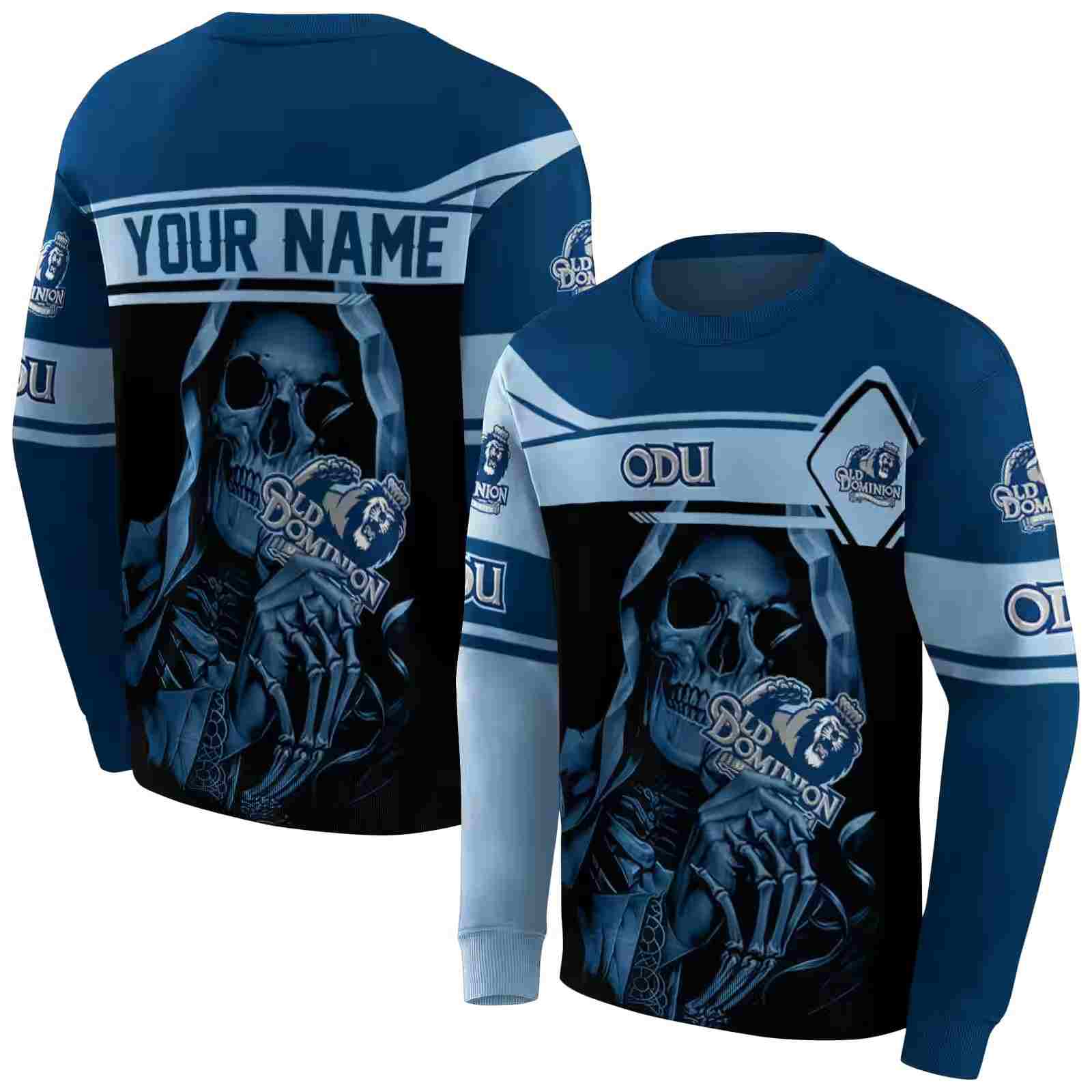 personalized old dominion monarchs grim reaper blue black hoodie premium grade