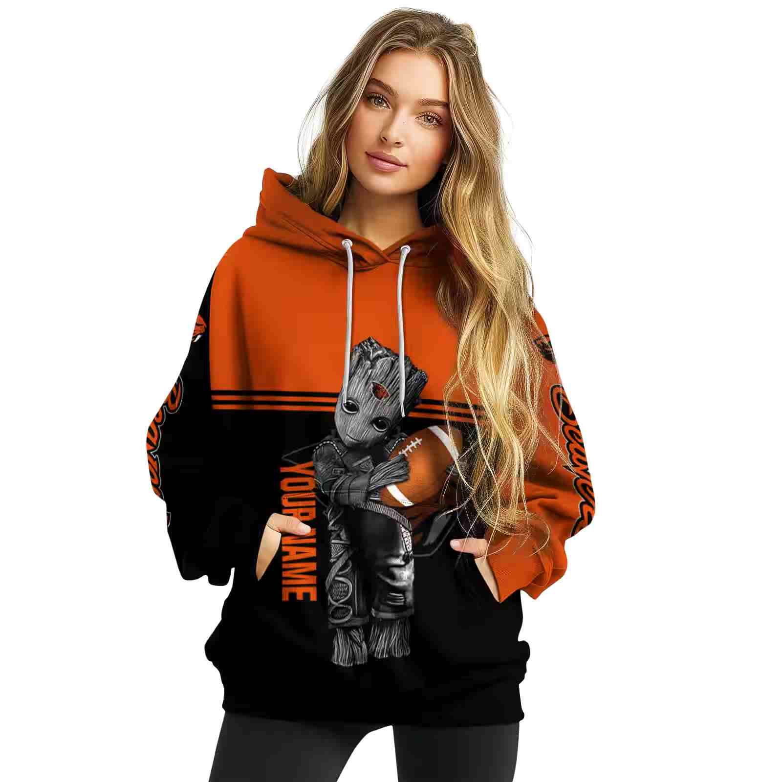 personalized oregon state beavers baby groot orange black hoodie high quality