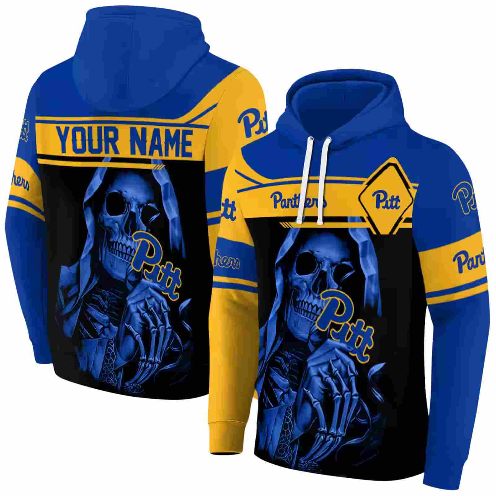 personalized pittsburgh panthers grim reaper royal black hoodie fashion forward