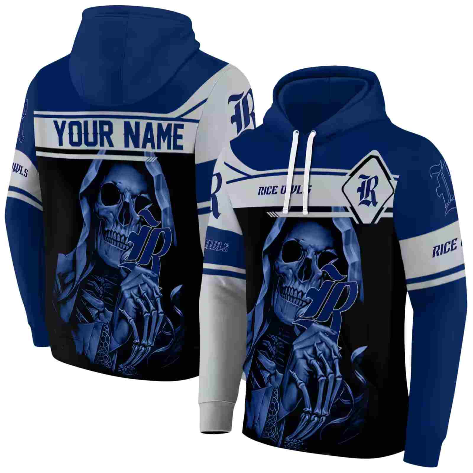 personalized rice owls grim reaper navy blue black hoodie fashion forward
