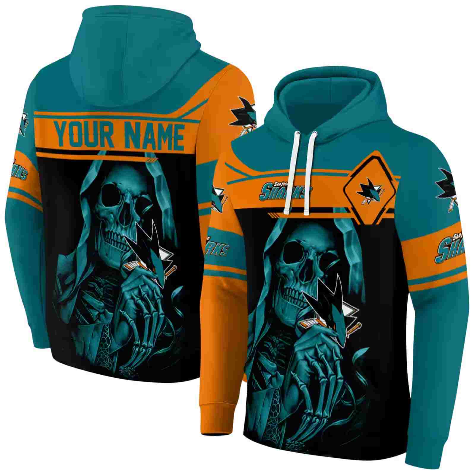 personalized san jose sharks grim reaper teal black hoodie fashion forward