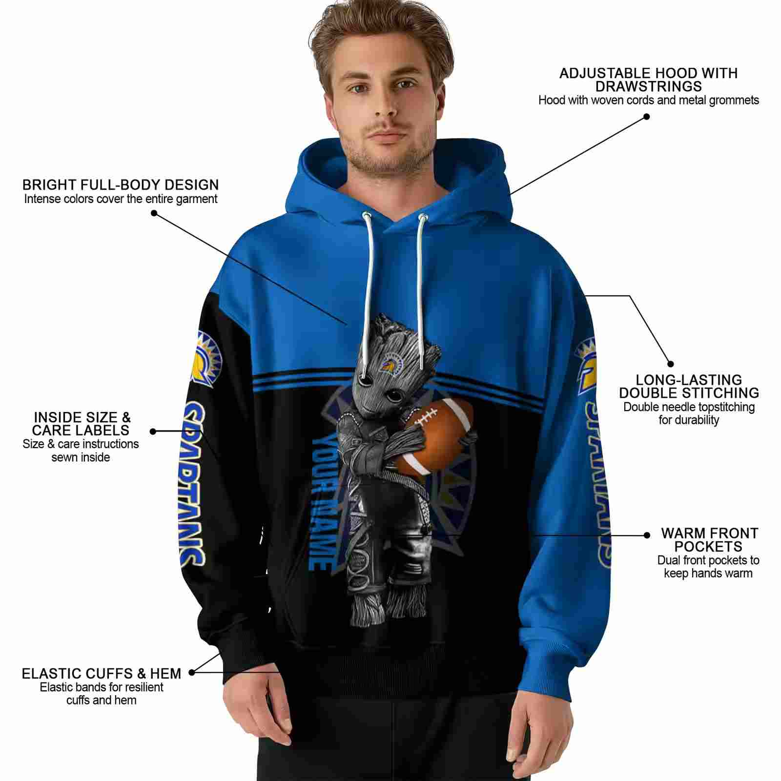 personalized san jose state spartans baby groot blue black hoodie latest model