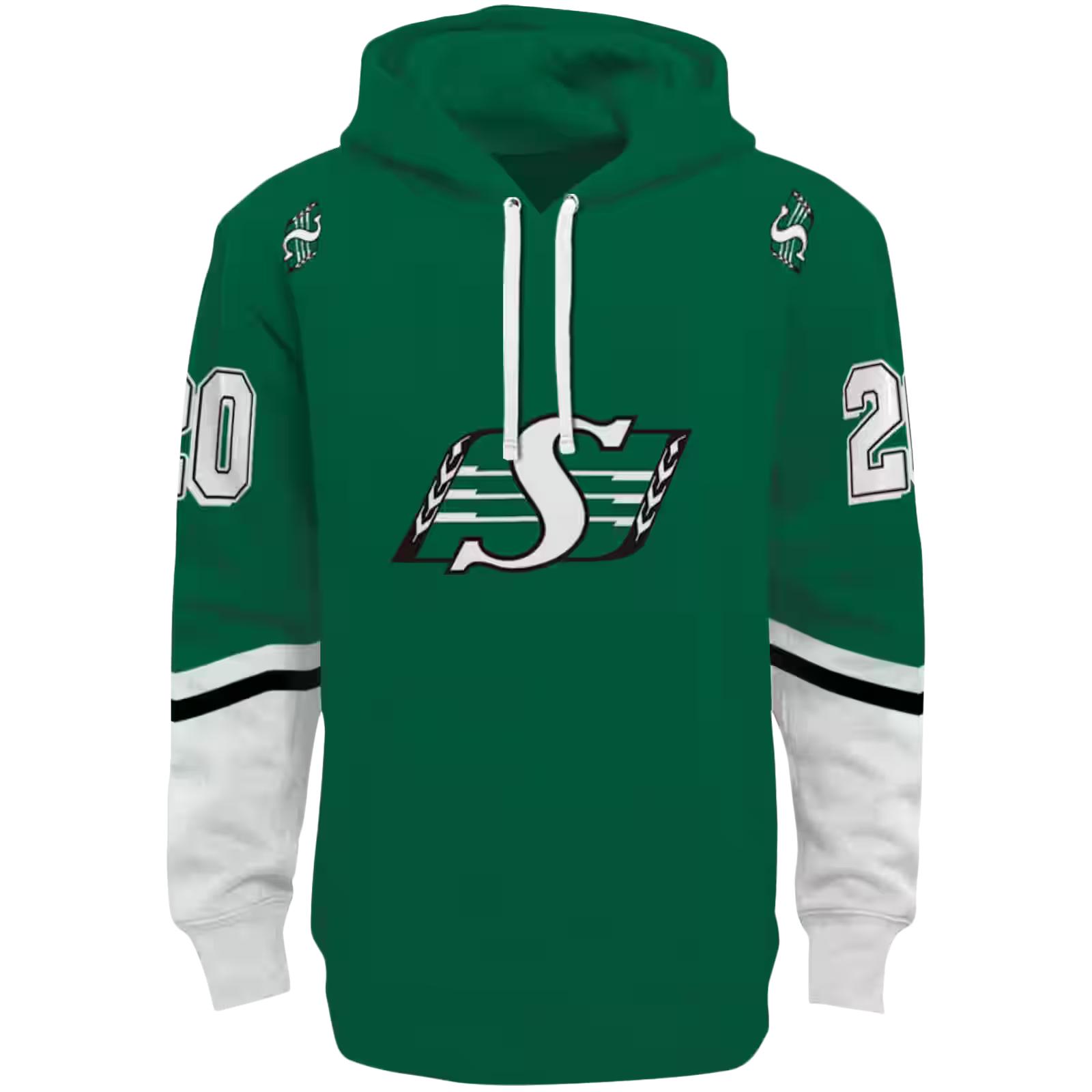 Personalized Saskatchewan Roughriders Striped Sleeves Green Hoodie