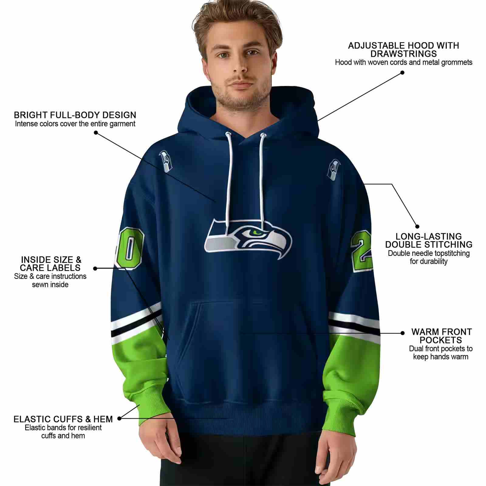 personalized seattle seahawks striped sleeves blue hoodie latest model