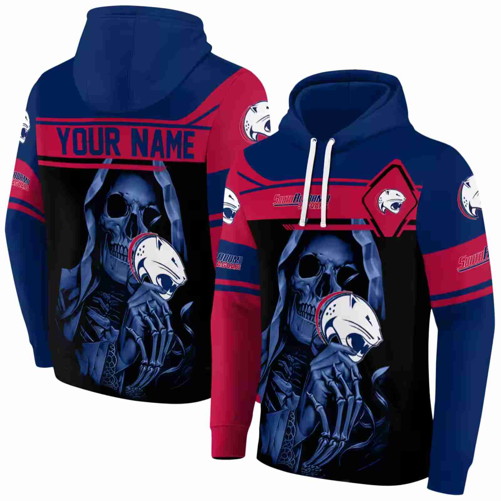 personalized south alabama jaguars grim reaper blue black hoodie fashion forward