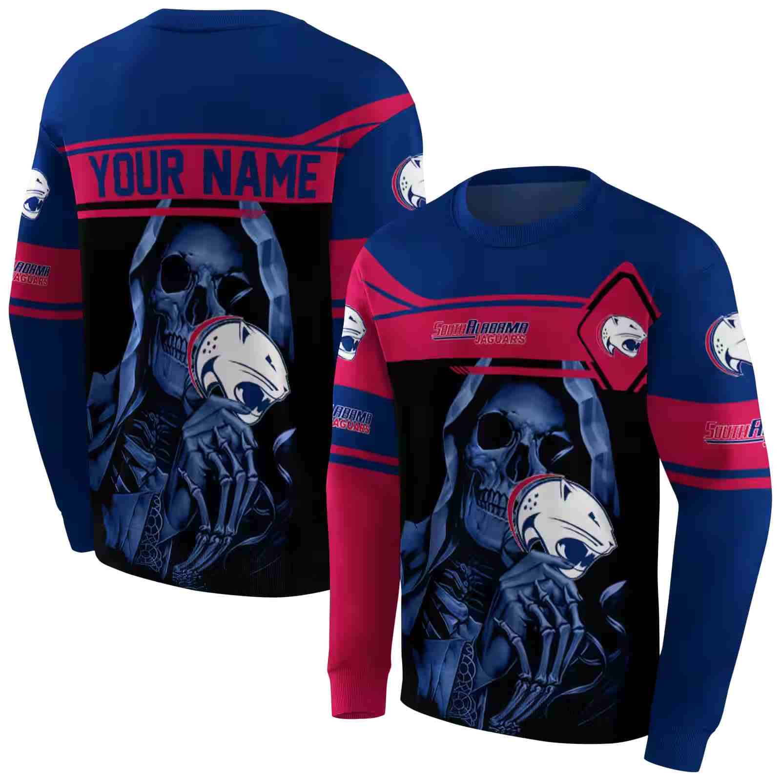 personalized south alabama jaguars grim reaper blue black hoodie premium grade