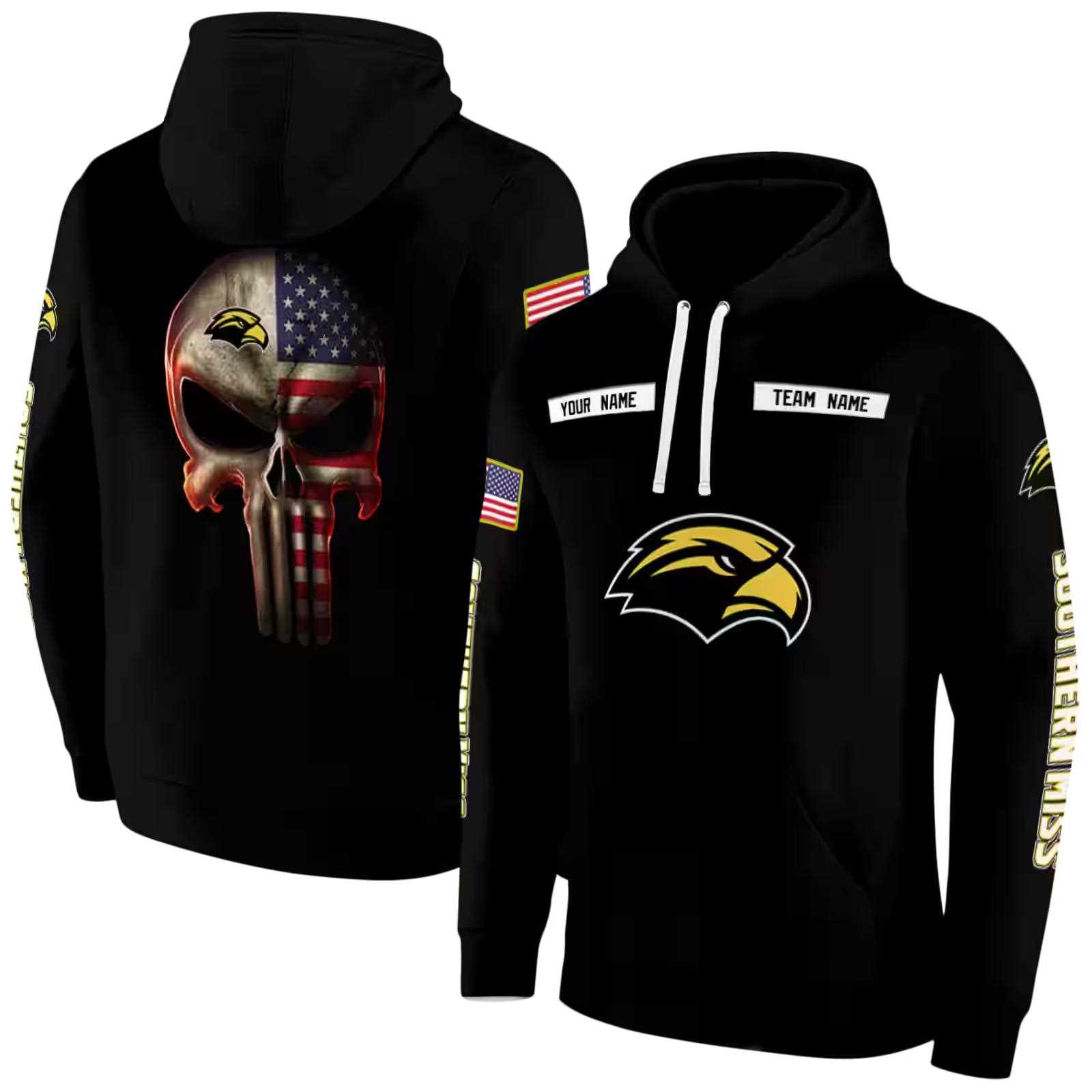 personalized southern miss golden eagles punisher skull black hoodie fashion forward