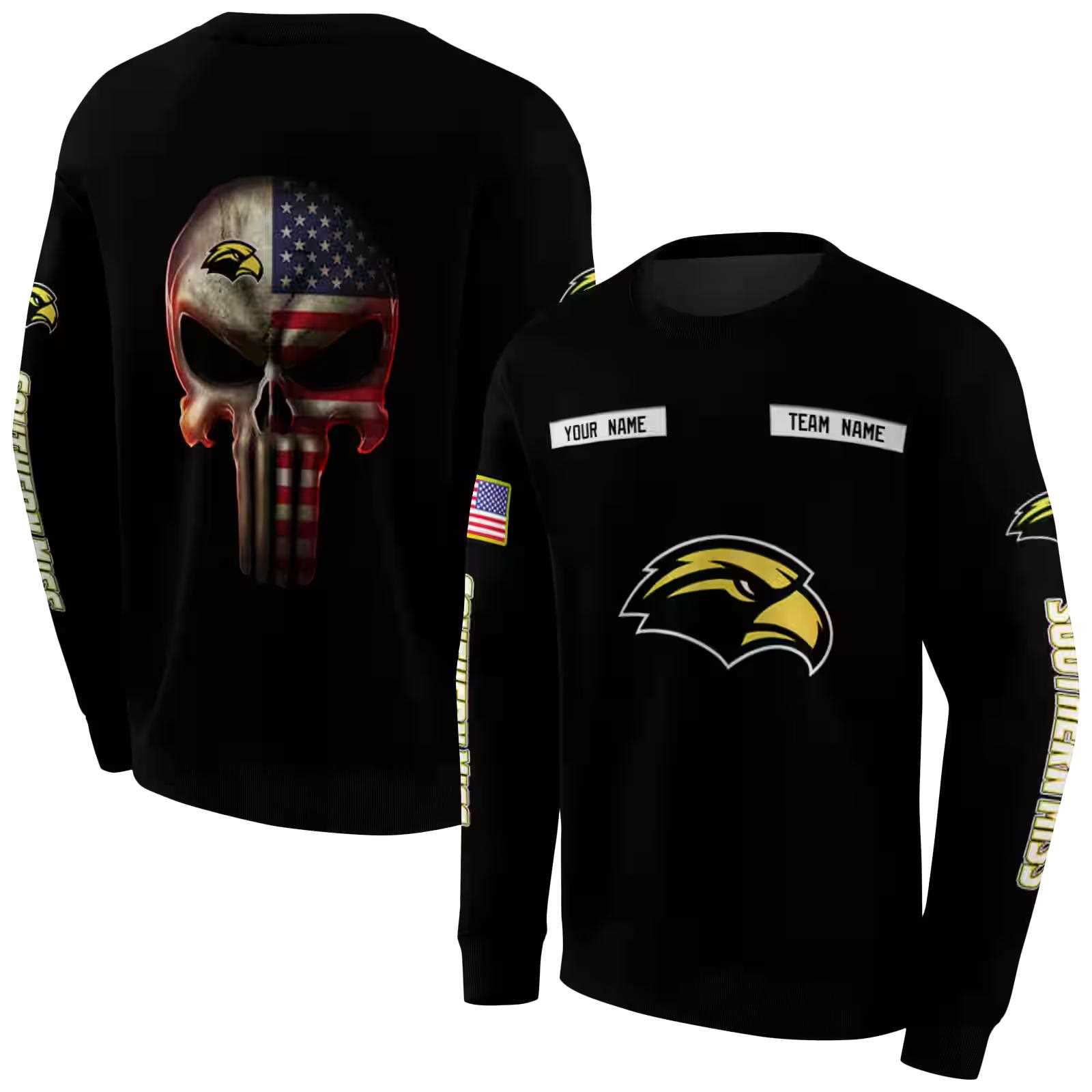 personalized southern miss golden eagles punisher skull black hoodie premium grade