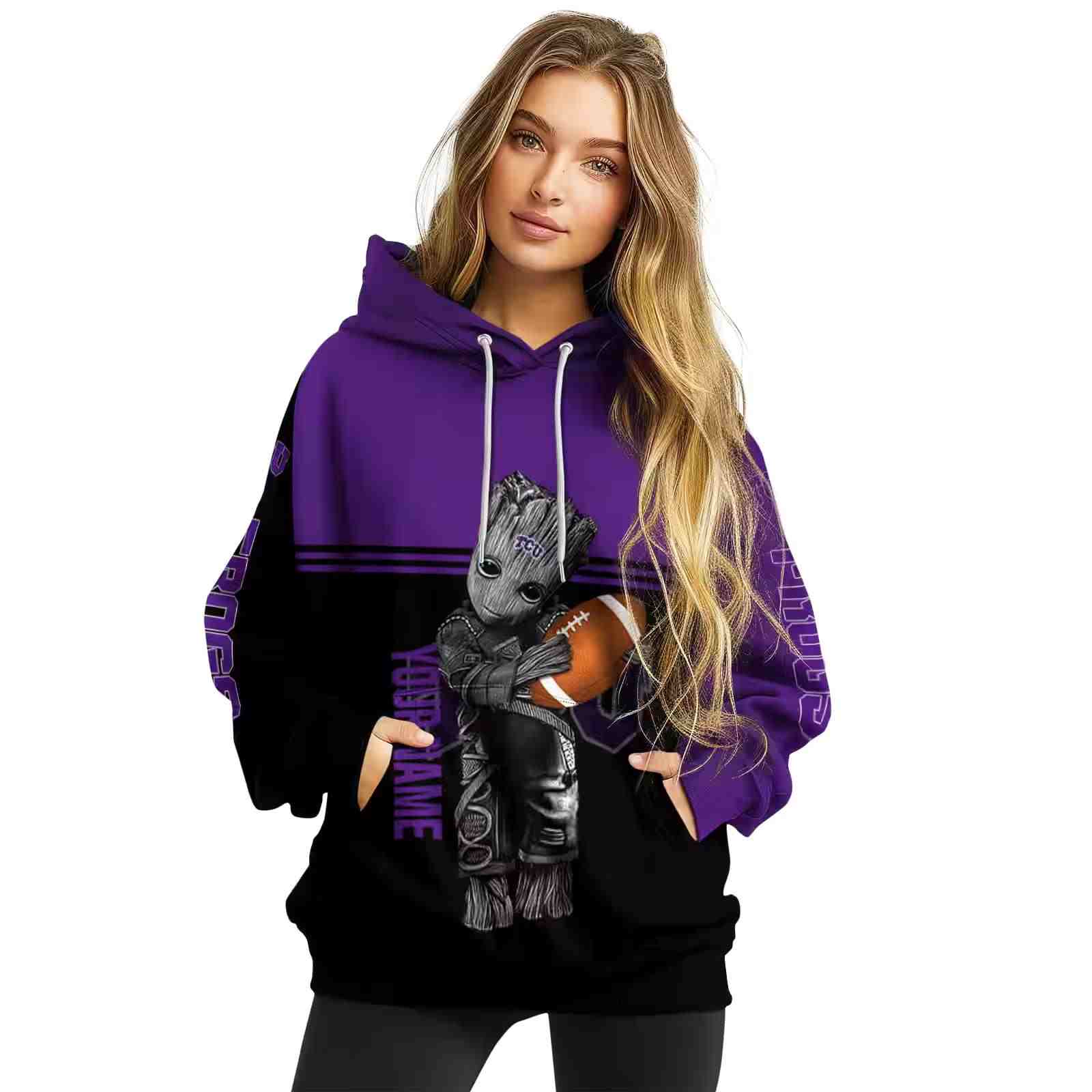 personalized tcu horned frogs baby groot purple black hoodie high quality