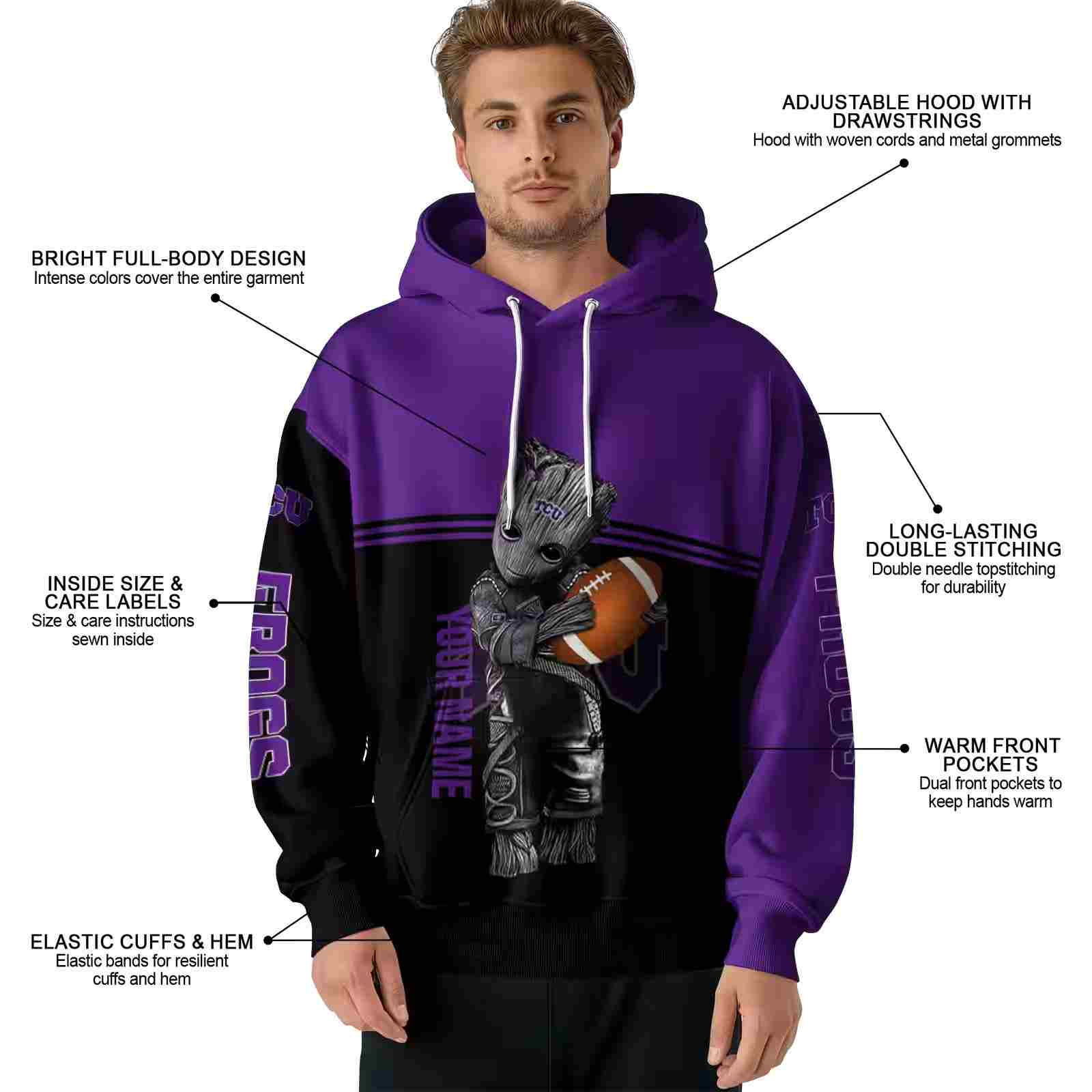 personalized tcu horned frogs baby groot purple black hoodie latest model