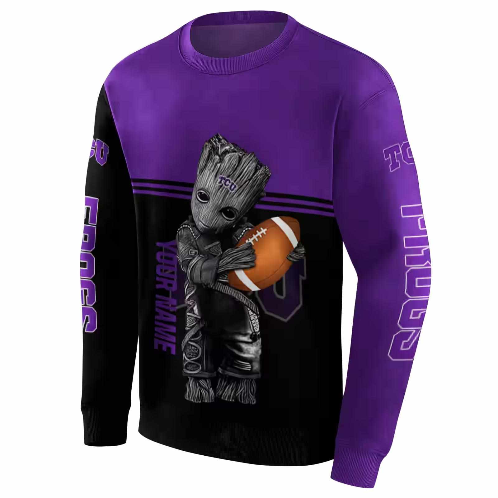 personalized tcu horned frogs baby groot purple black hoodie new arrival