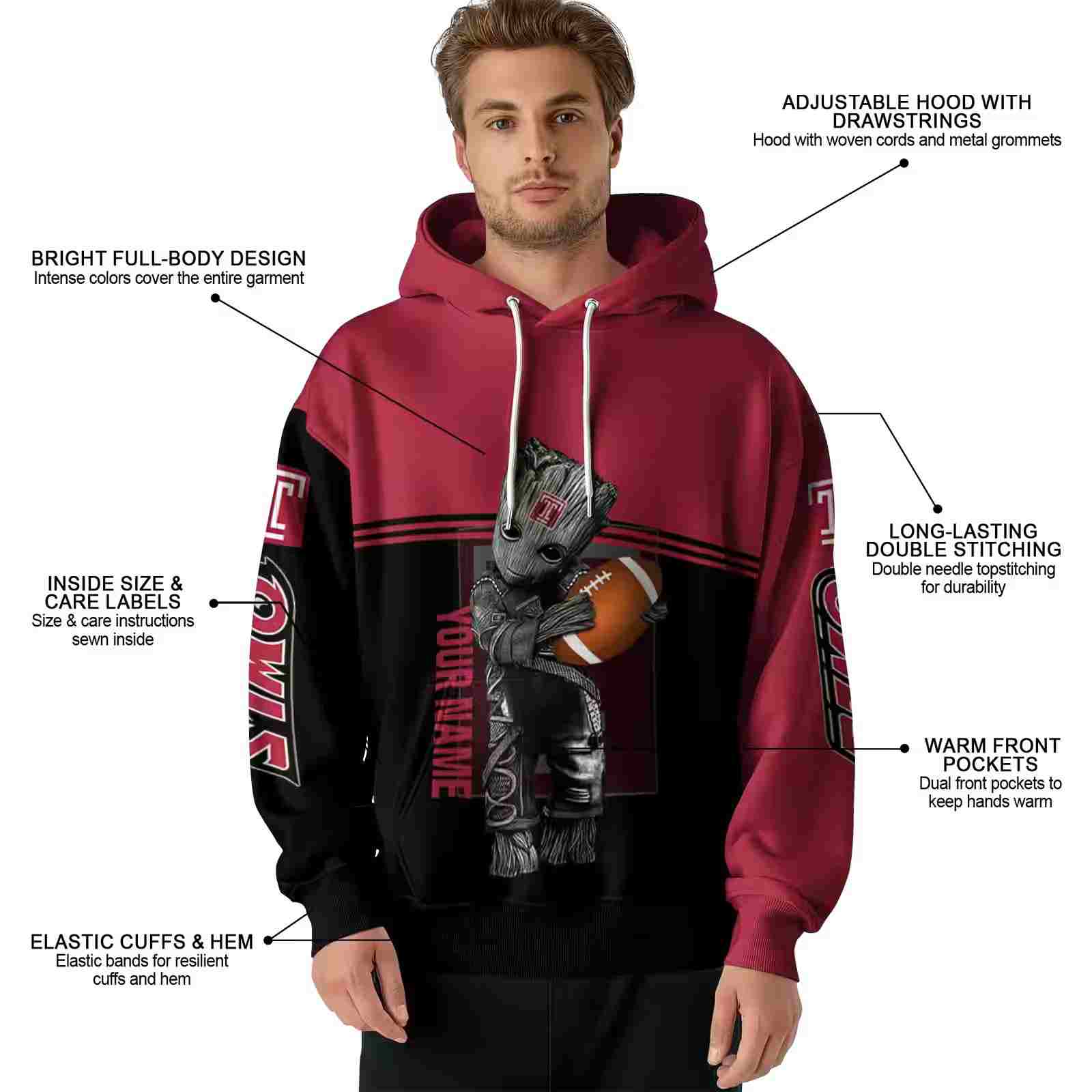 personalized temple owls baby groot red black hoodie latest model