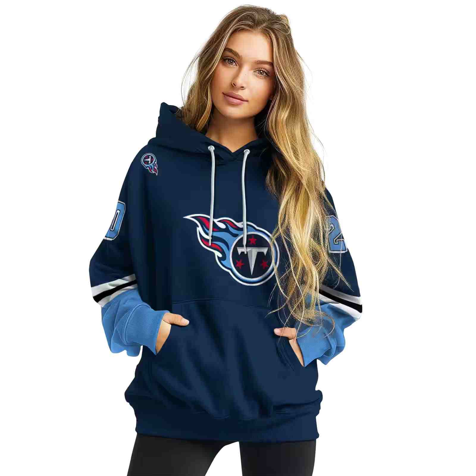 personalized tennessee titans striped sleeves navy hoodie high quality