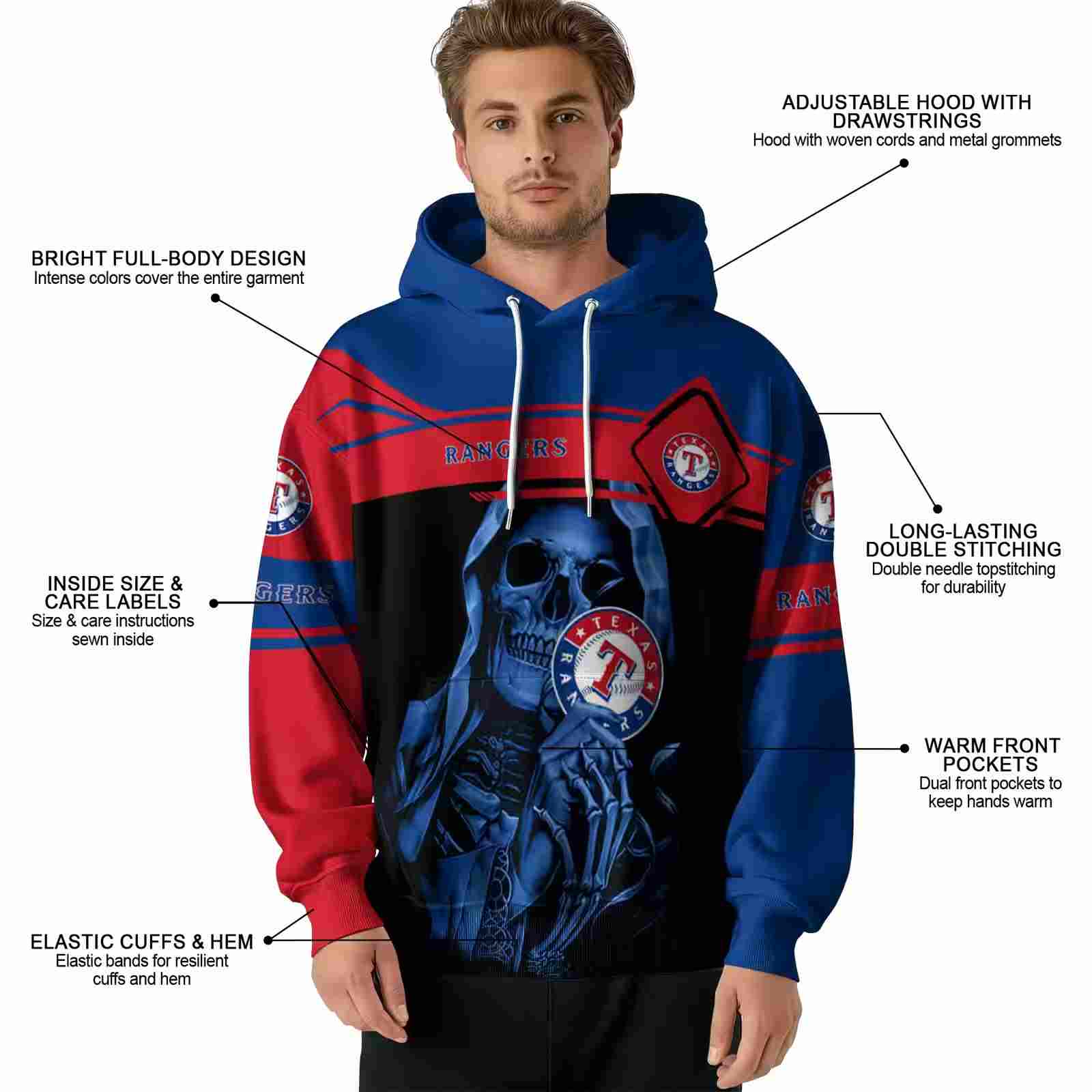 personalized texas rangers grim reaper blue black hoodie latest model