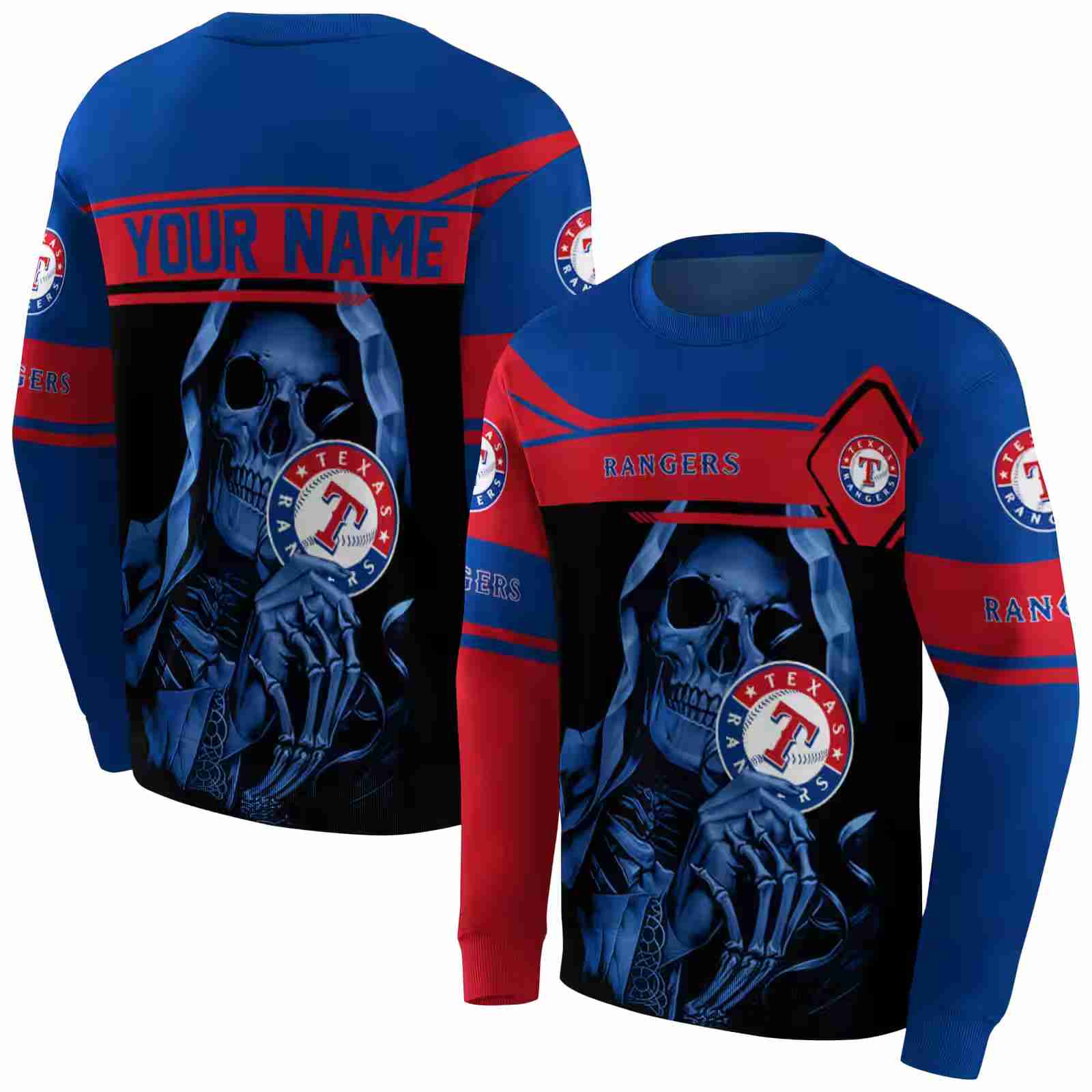 personalized texas rangers grim reaper blue black hoodie premium grade