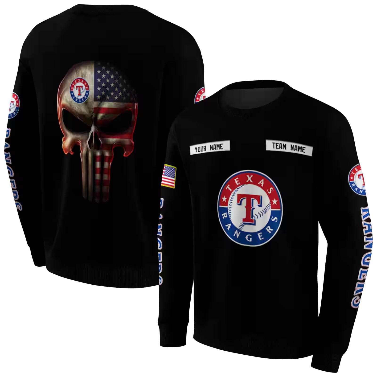 personalized texas rangers punisher skull black hoodie premium grade