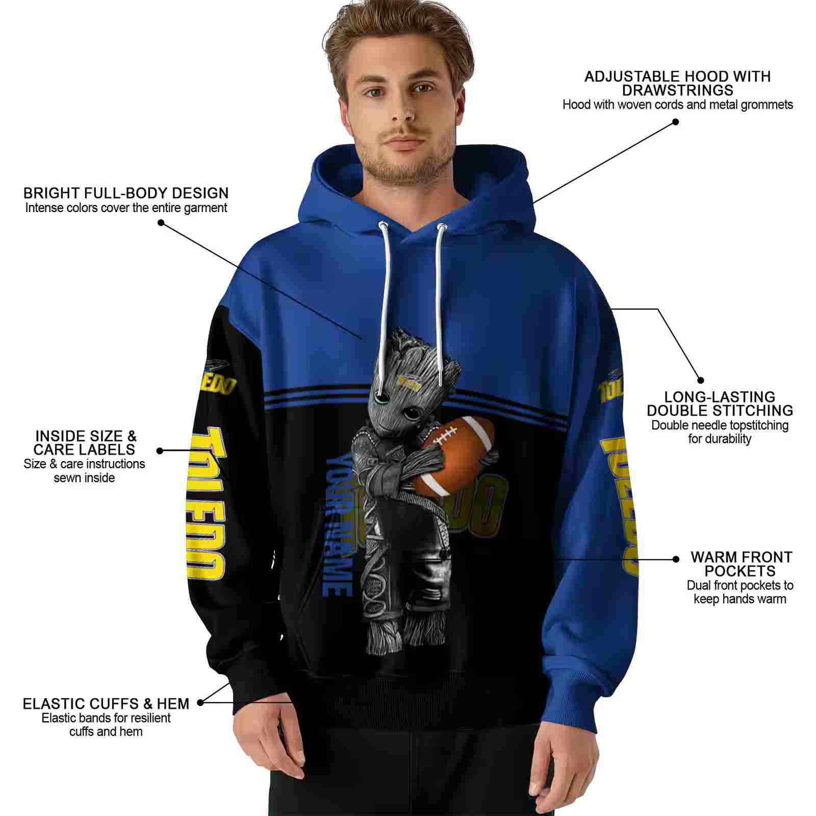 personalized toledo rockets baby groot blue black hoodie latest model