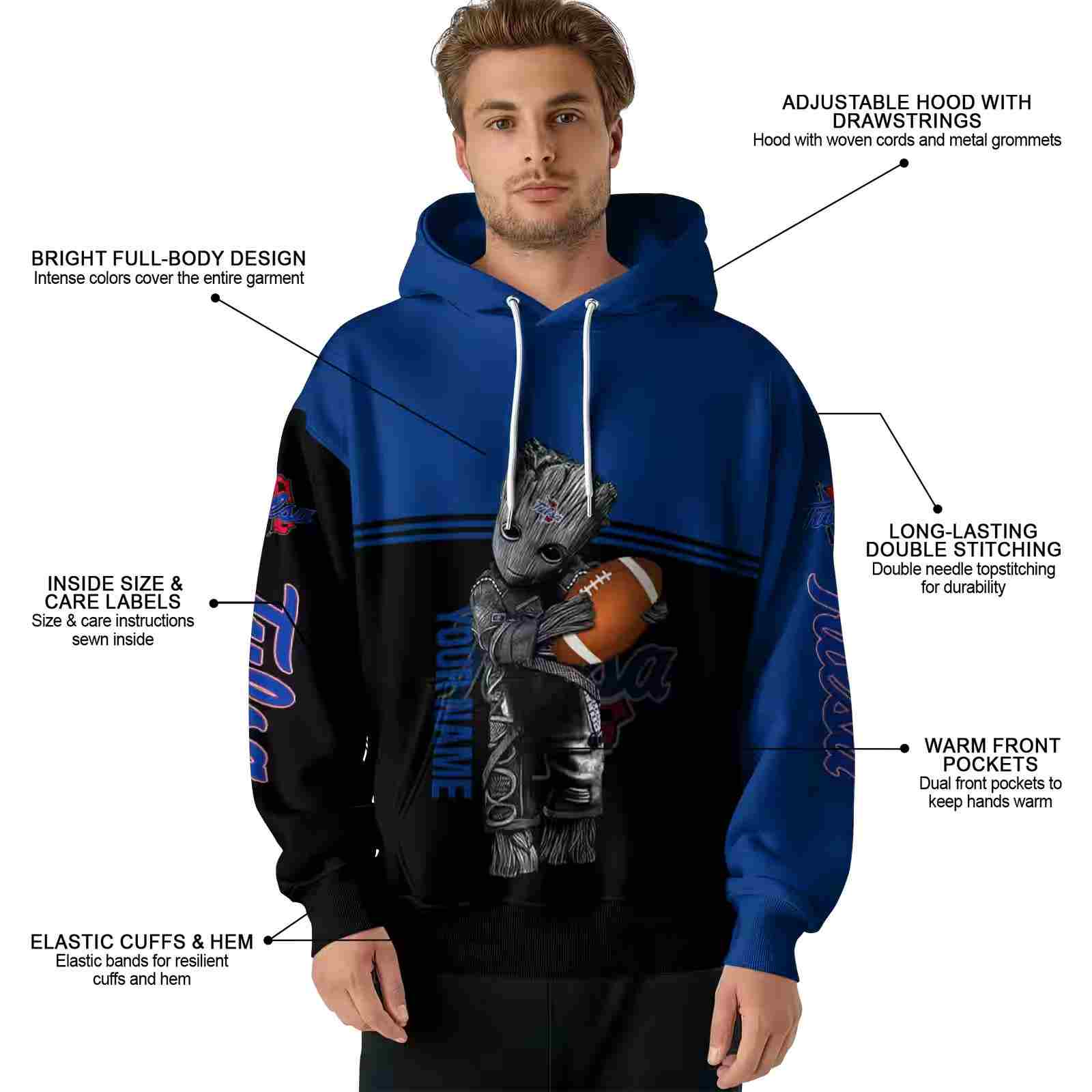 personalized tulsa golden hurricane baby groot blue black hoodie latest model