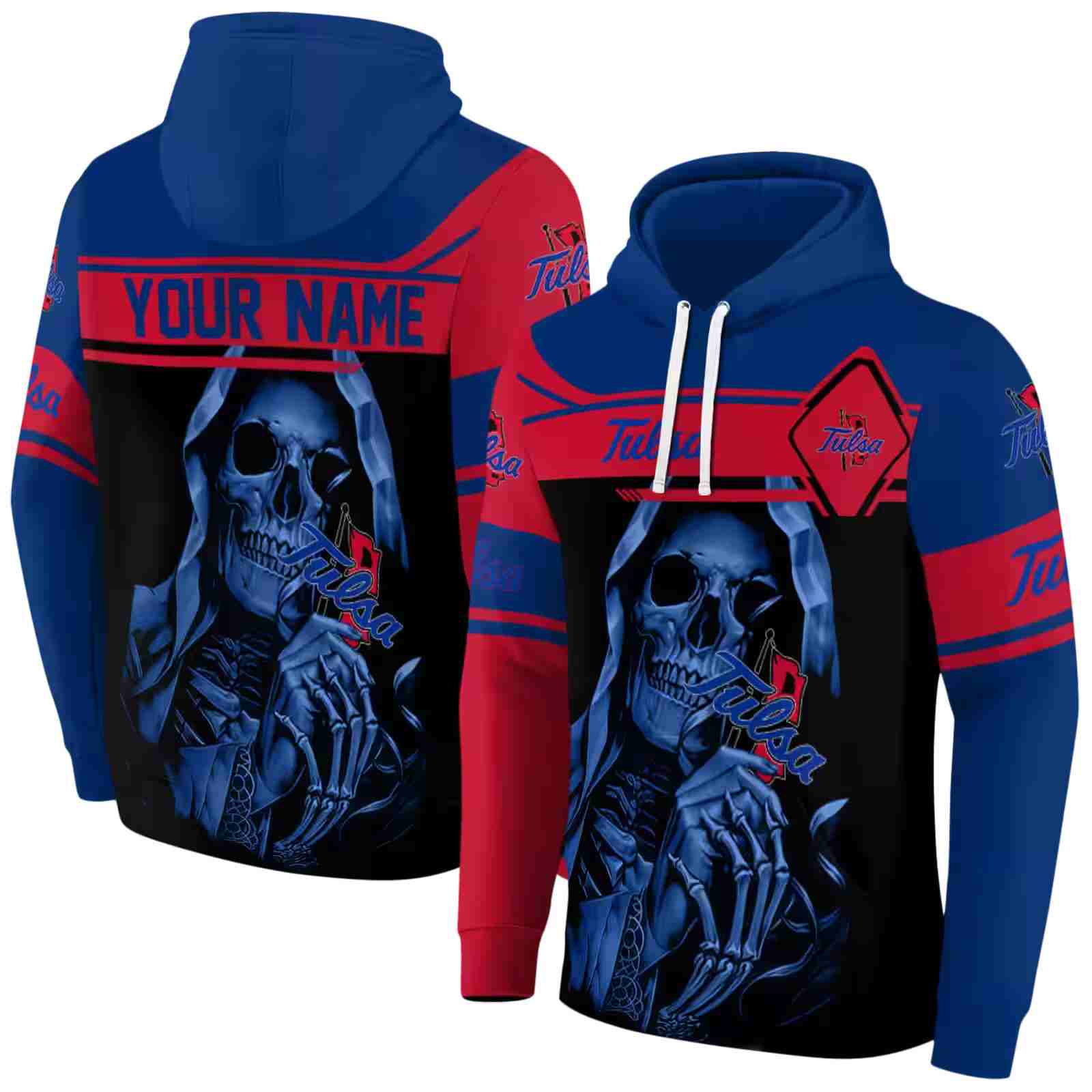 personalized tulsa golden hurricane grim reaper blue black hoodie fashion forward