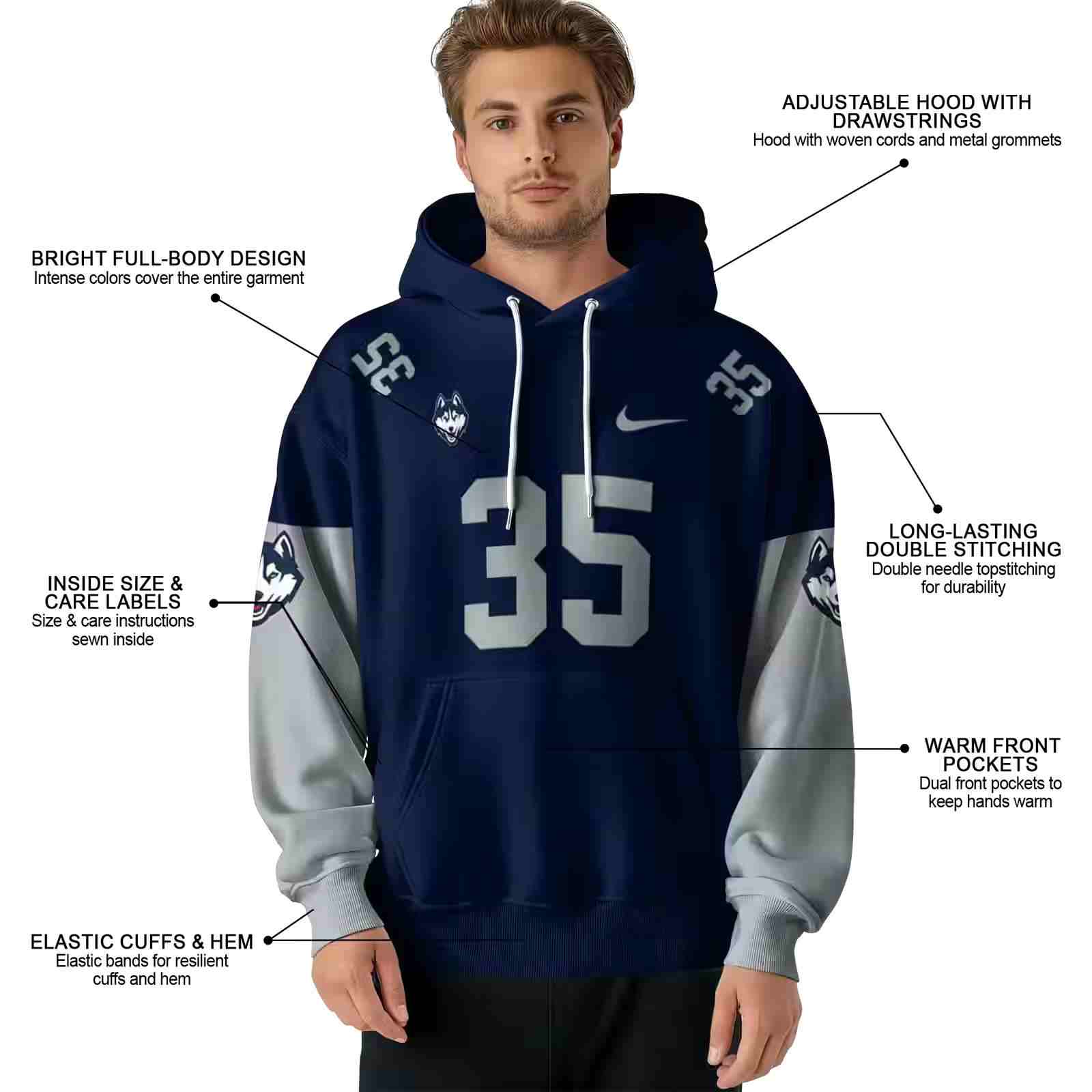 personalized uconn huskies minimal design blue hoodie latest model