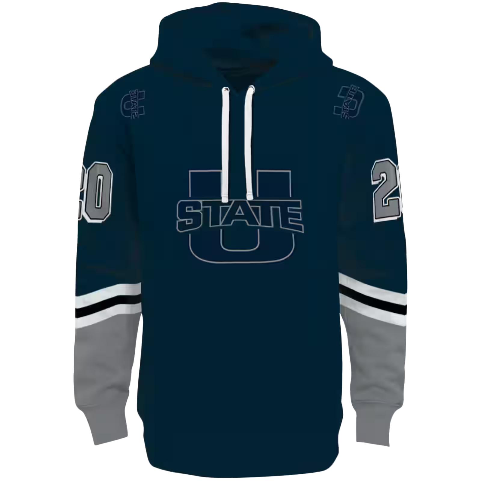 Personalized Utah State Aggies Striped Sleeves Navy Hoodie