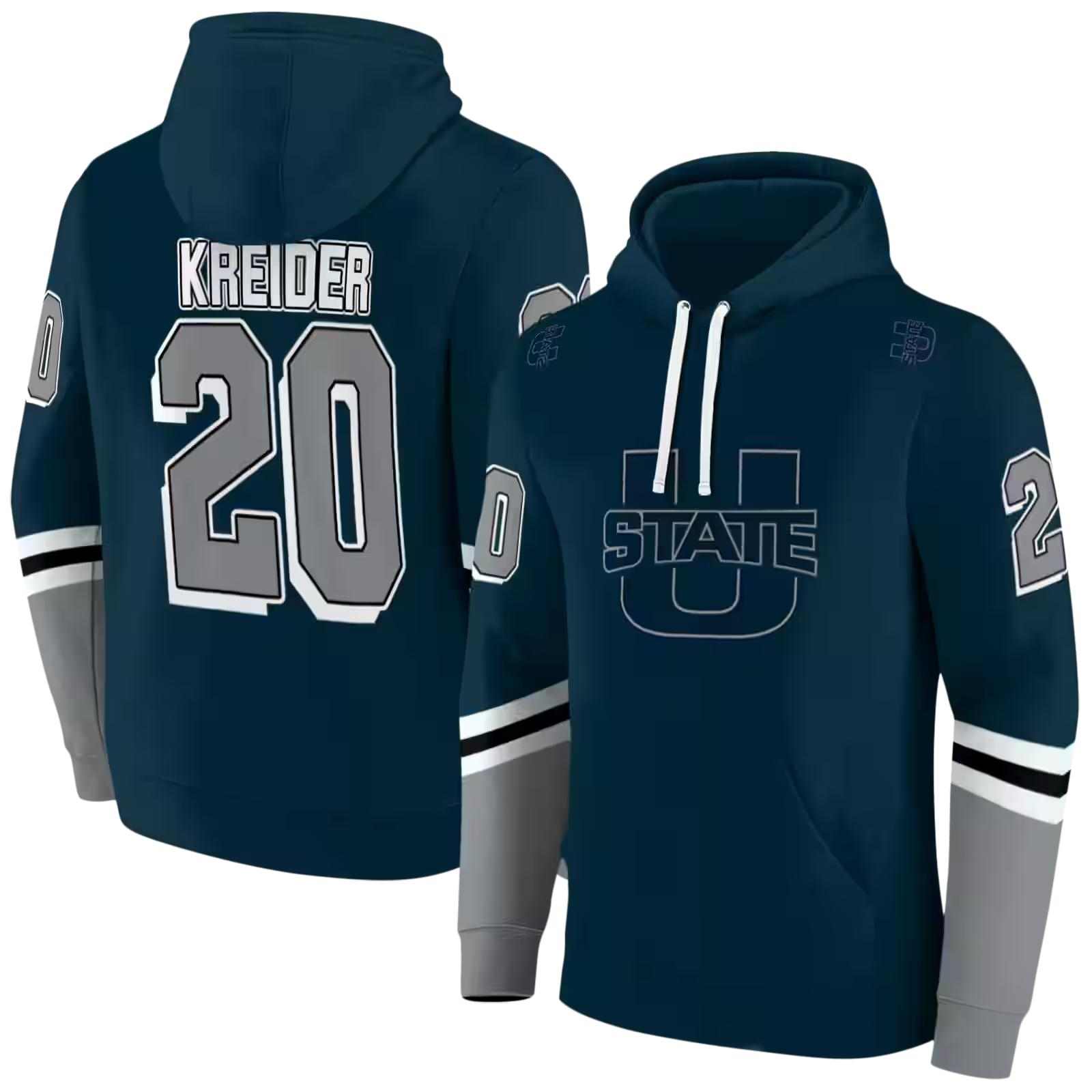 personalized utah state aggies striped sleeves navy hoodie fashion forward