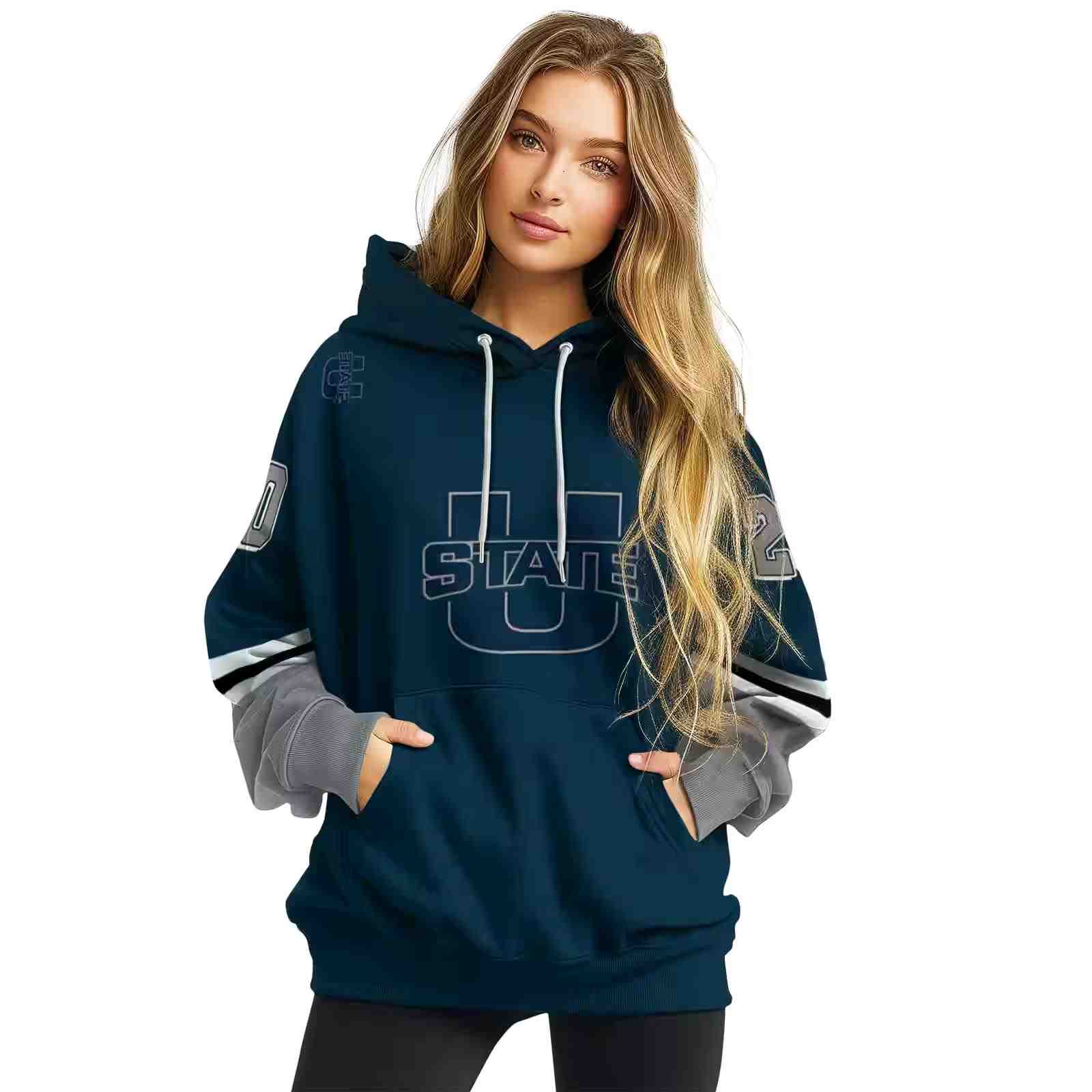 personalized utah state aggies striped sleeves navy hoodie high quality