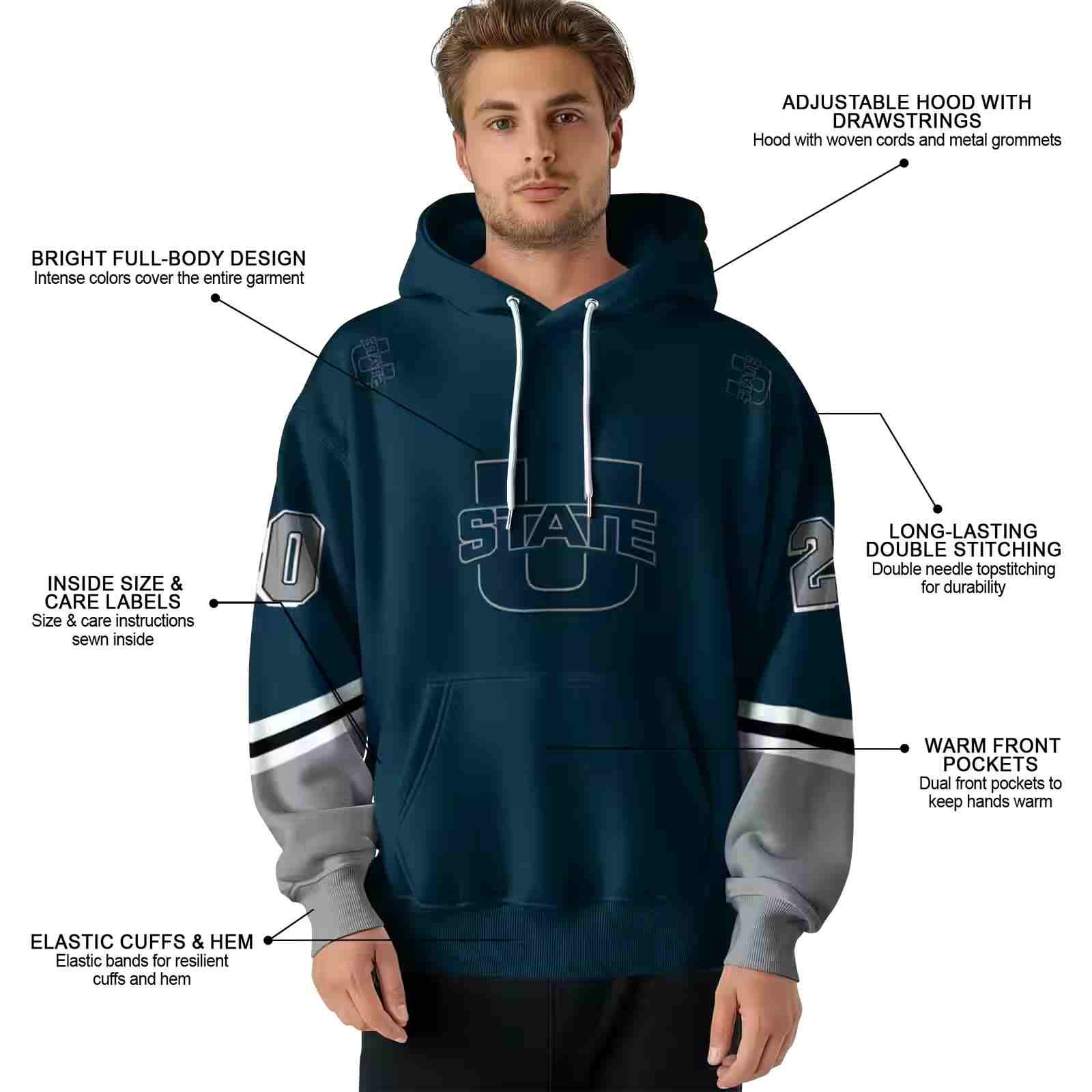 personalized utah state aggies striped sleeves navy hoodie latest model