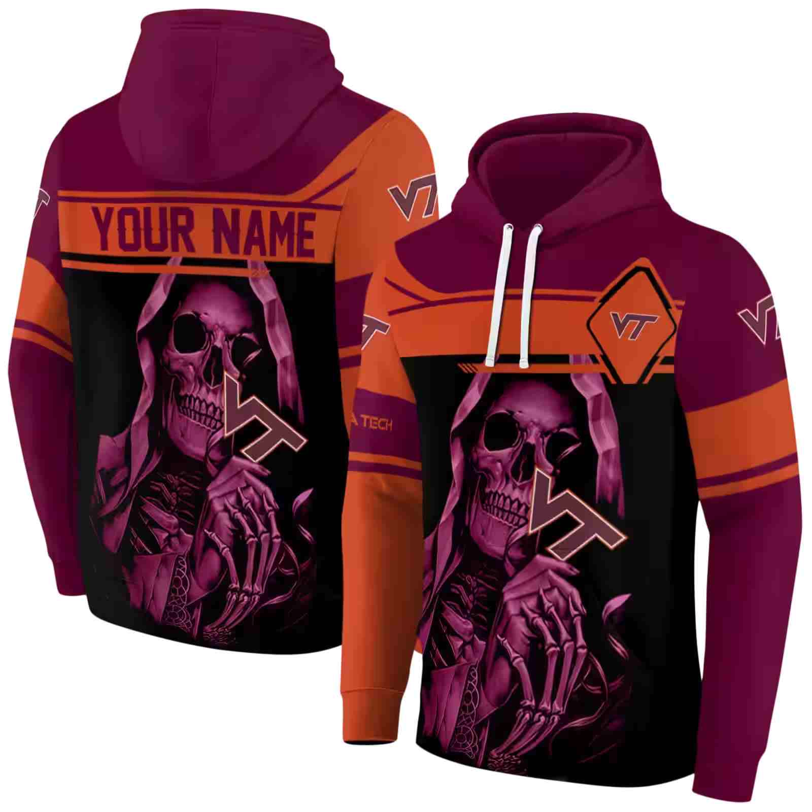 personalized virginia tech hokies grim reaper maroon black hoodie fashion forward