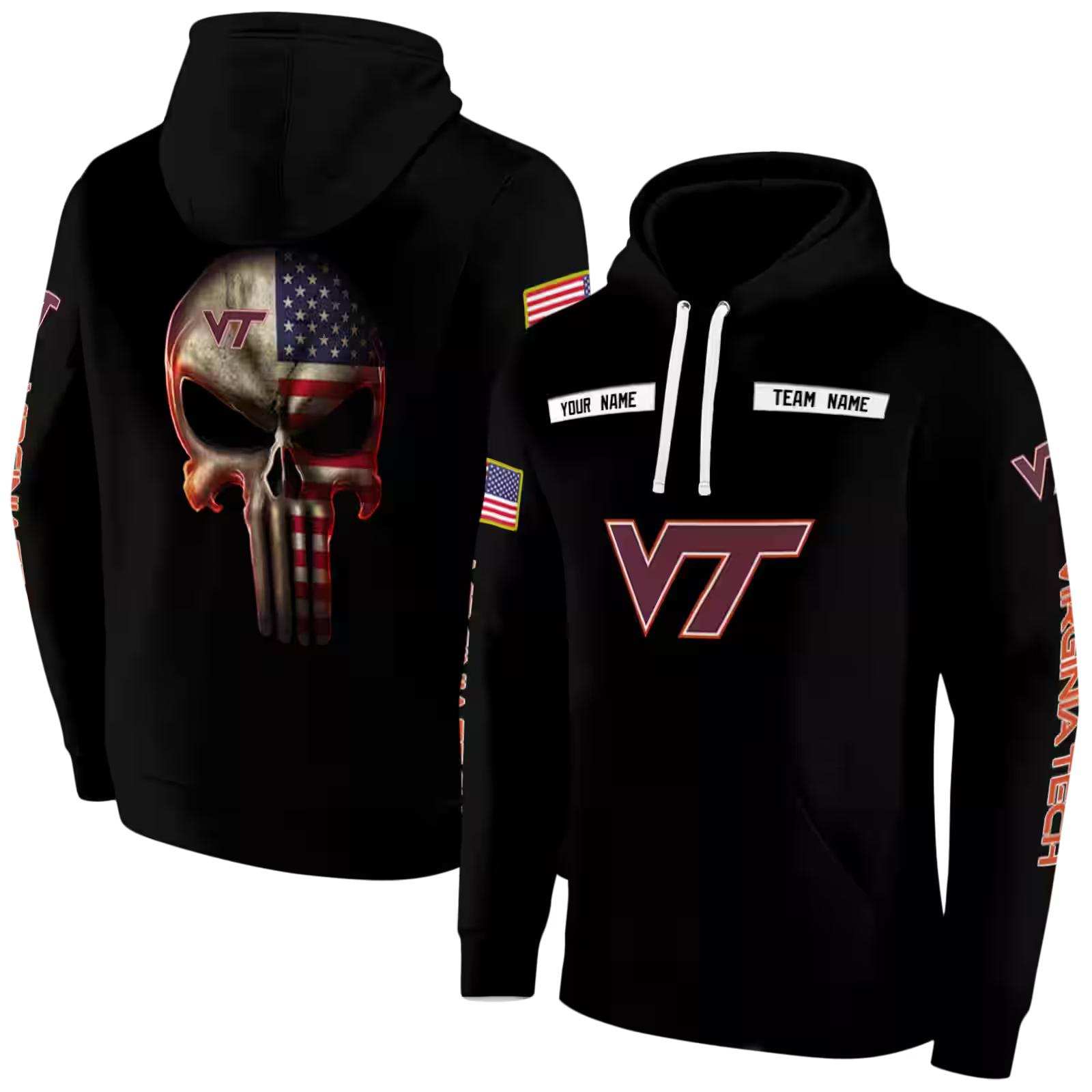 personalized virginia tech hokies punisher skull black hoodie fashion forward