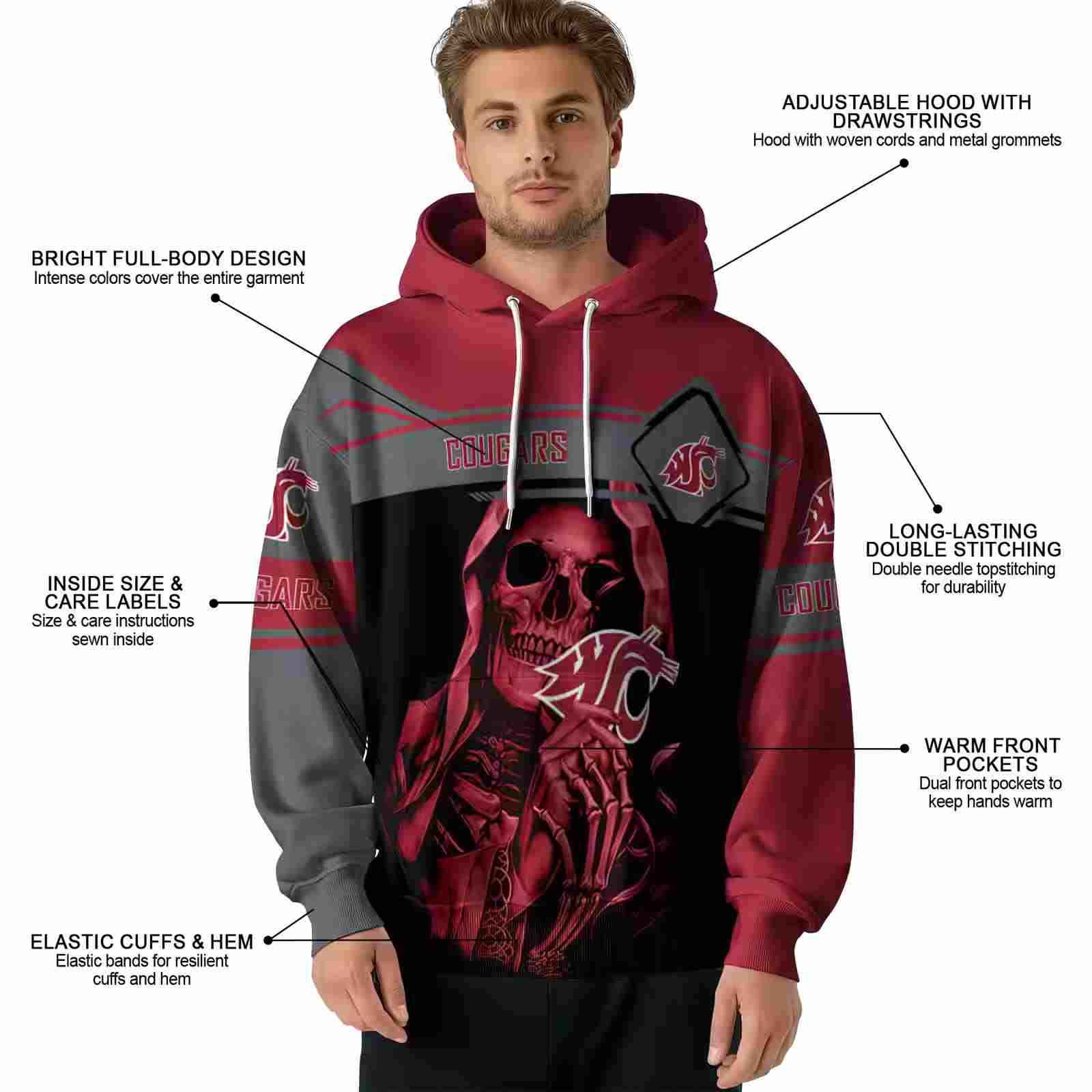 personalized washington state cougars grim reaper crimson black hoodie latest model