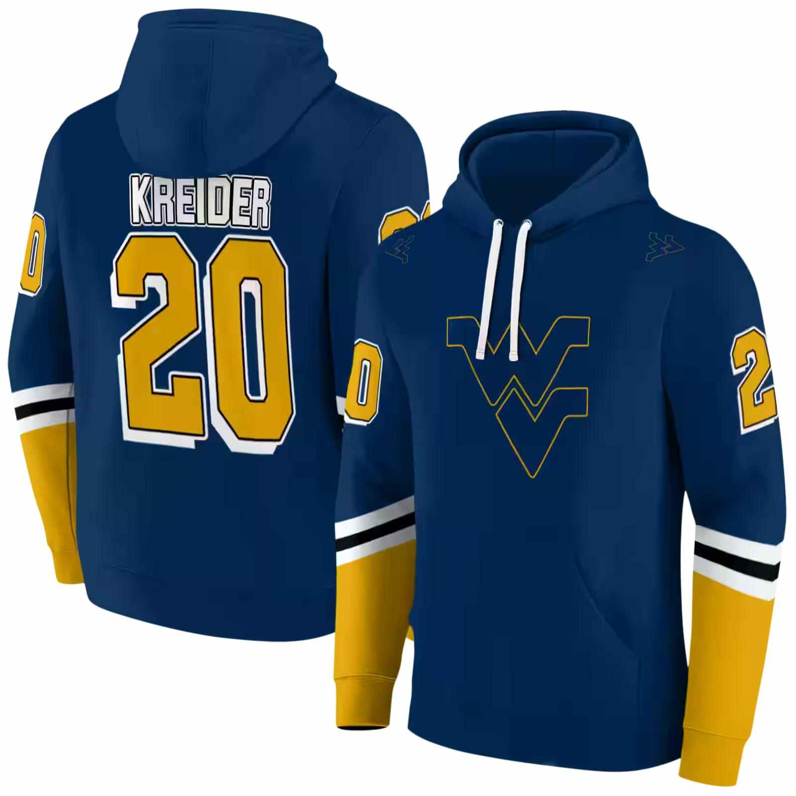 personalized west virginia mountaineers striped sleeves blue hoodie fashion forward