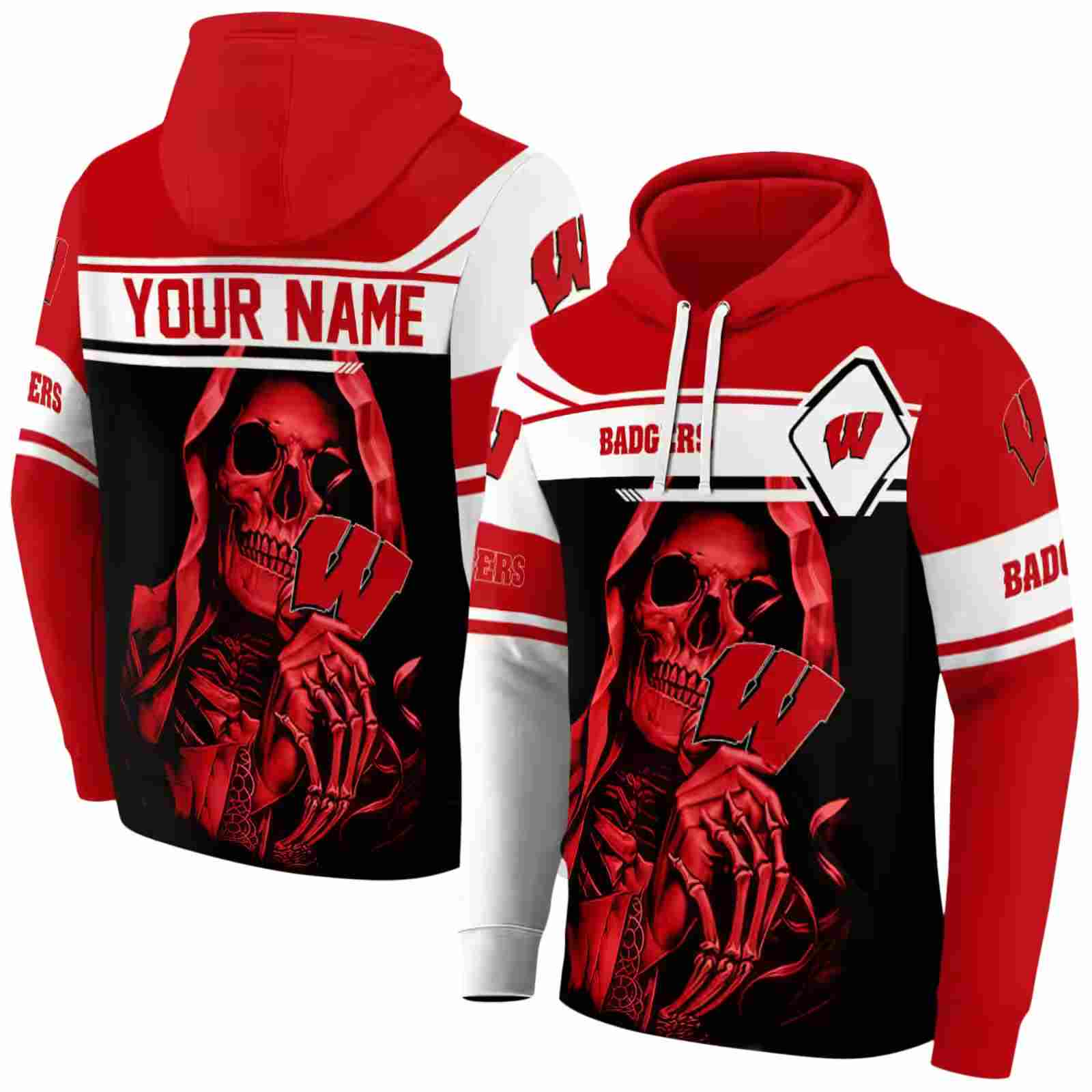 personalized wisconsin badgers grim reaper red black hoodie fashion forward