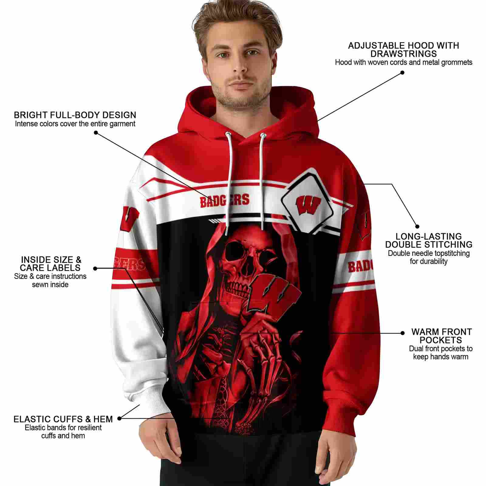 personalized wisconsin badgers grim reaper red black hoodie latest model