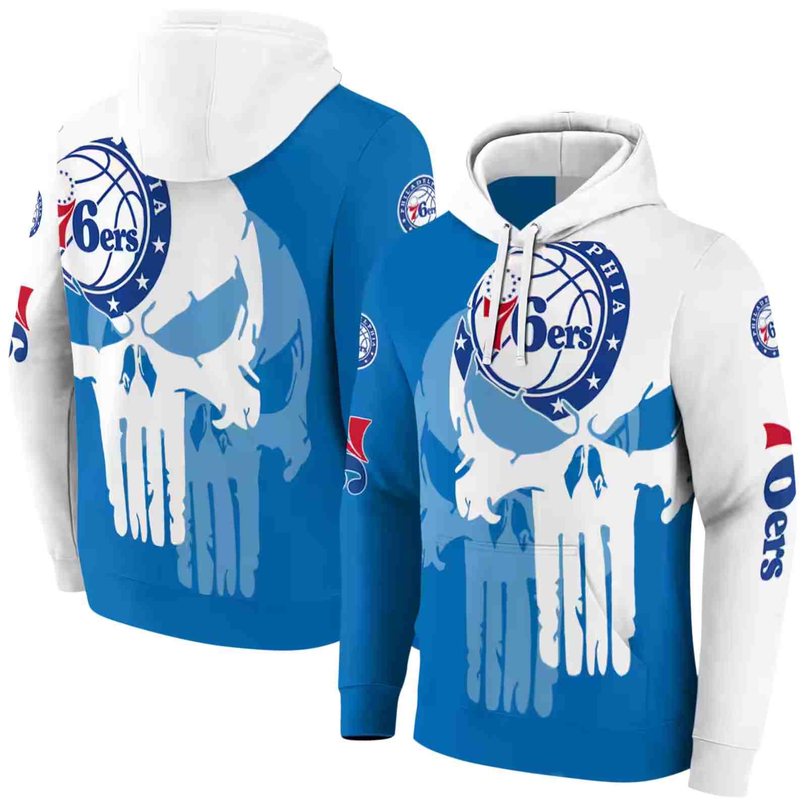 philadelphia 76ers graphic punisher blue white hoodie fashion forward