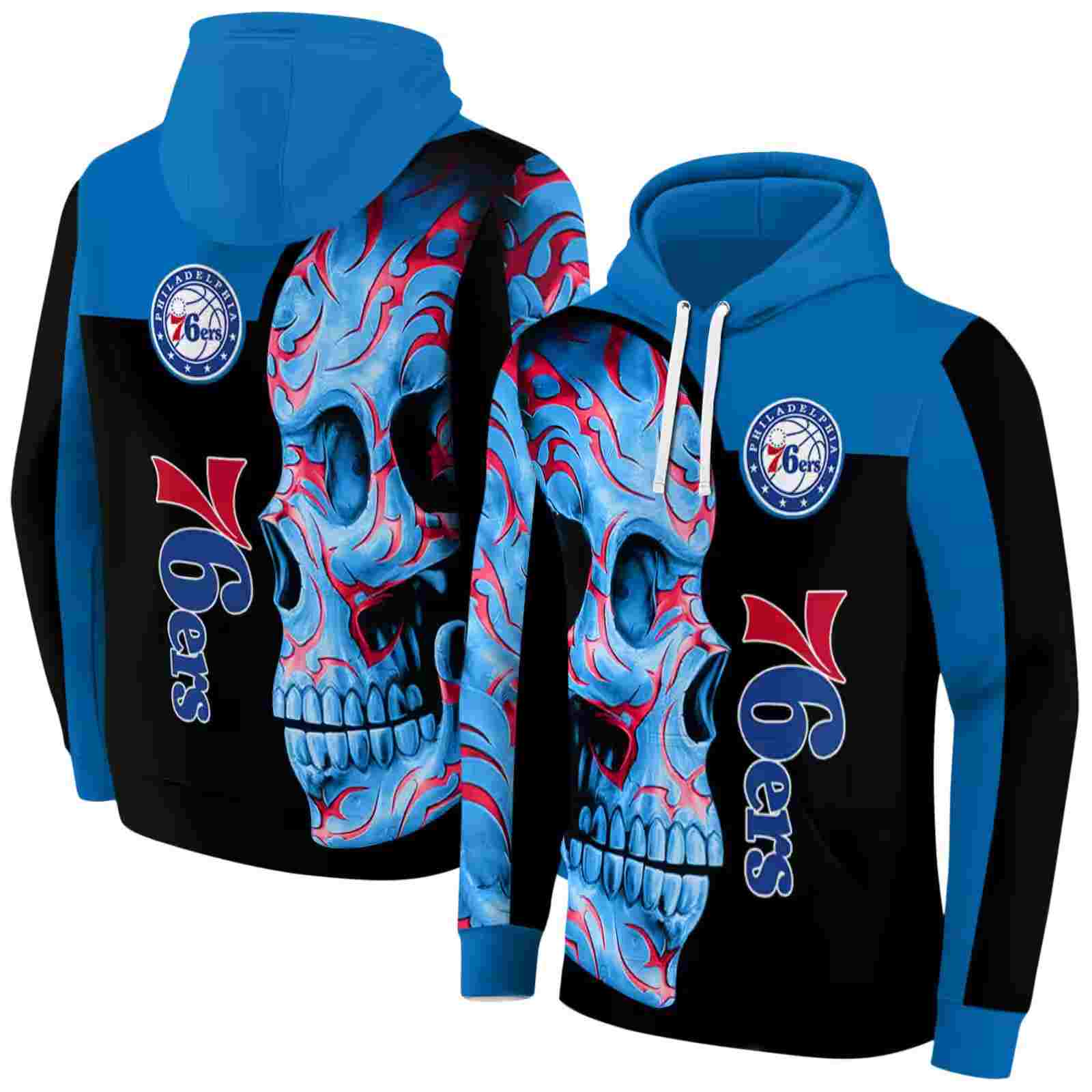 philadelphia 76ers skull motif blue black hoodie fashion forward