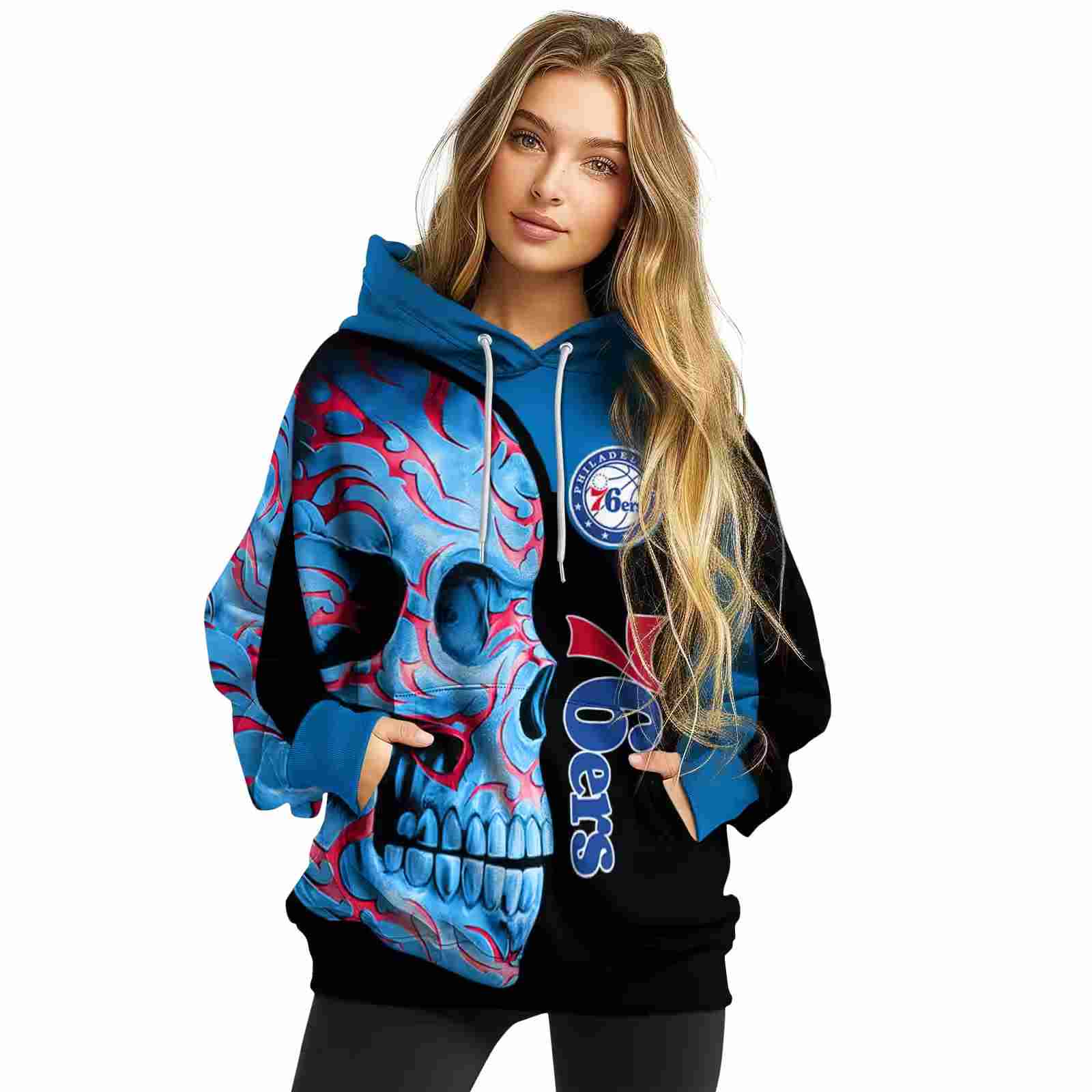 philadelphia 76ers skull motif blue black hoodie high quality