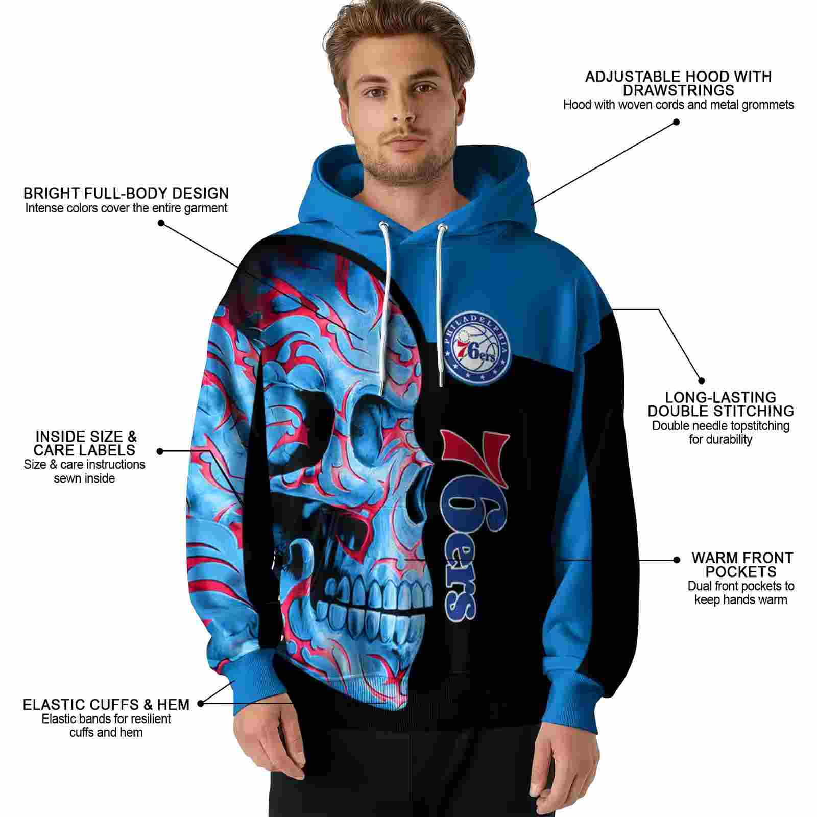 philadelphia 76ers skull motif blue black hoodie latest model