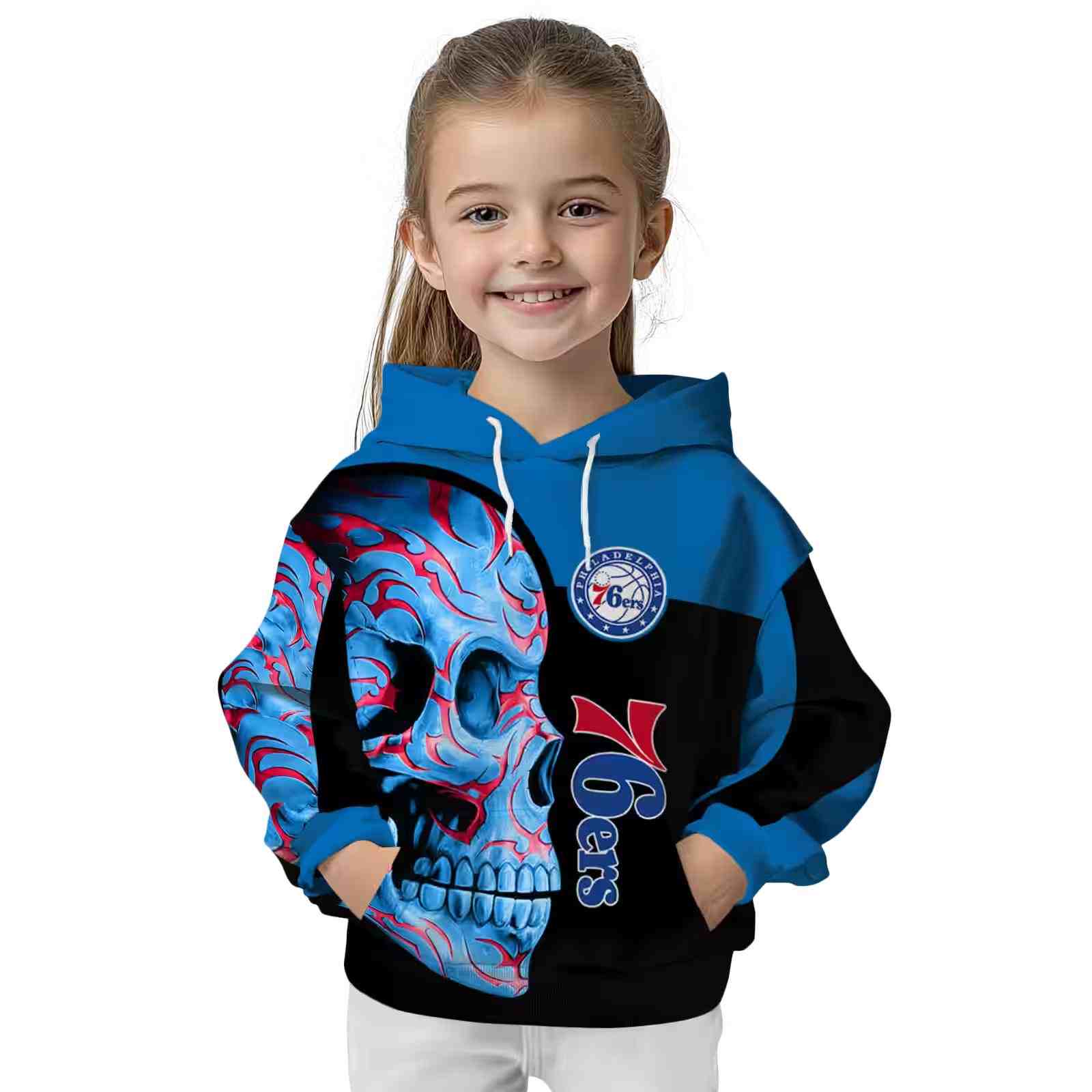 philadelphia 76ers skull motif blue black hoodie top rated