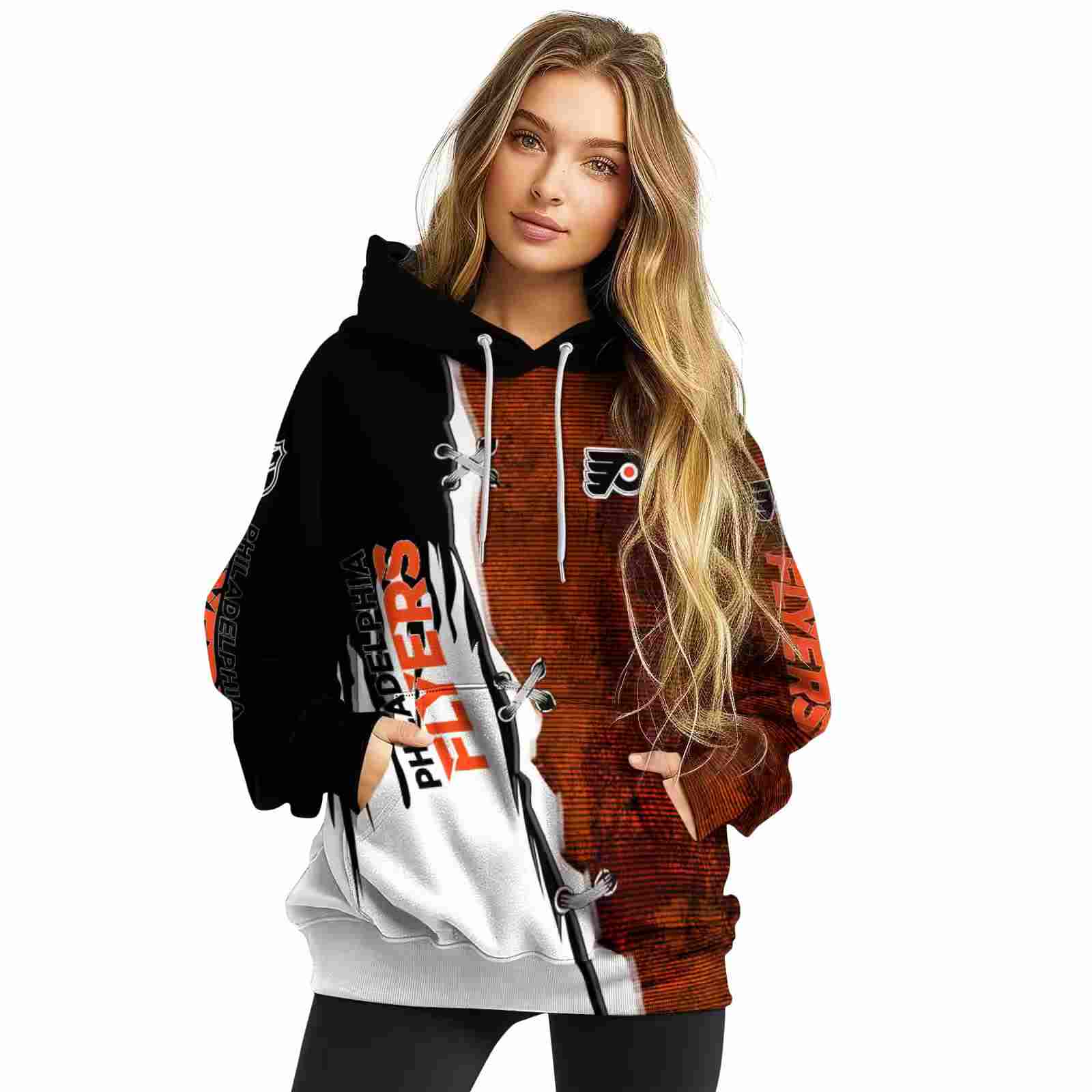 philadelphia flyers ripped pattern orange black white hoodie high quality