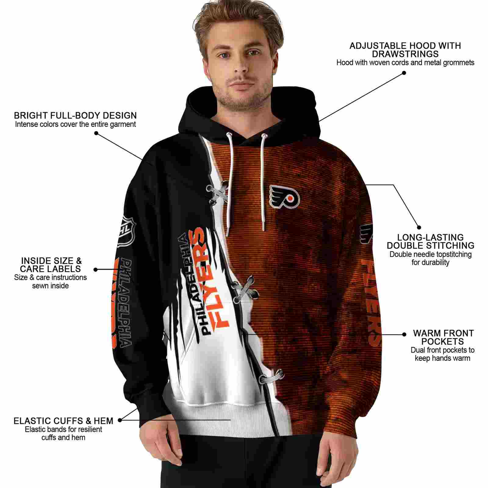 philadelphia flyers ripped pattern orange black white hoodie latest model