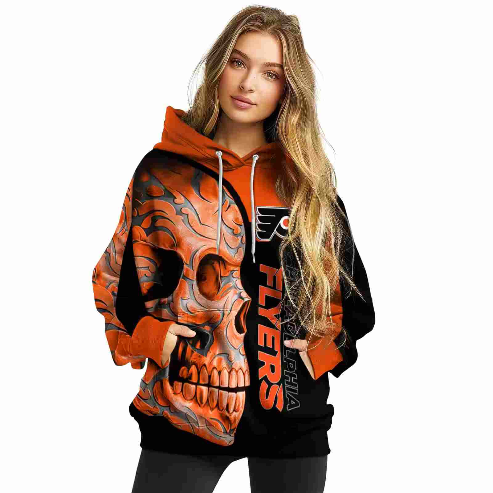 philadelphia flyers skull motif orange black hoodie high quality