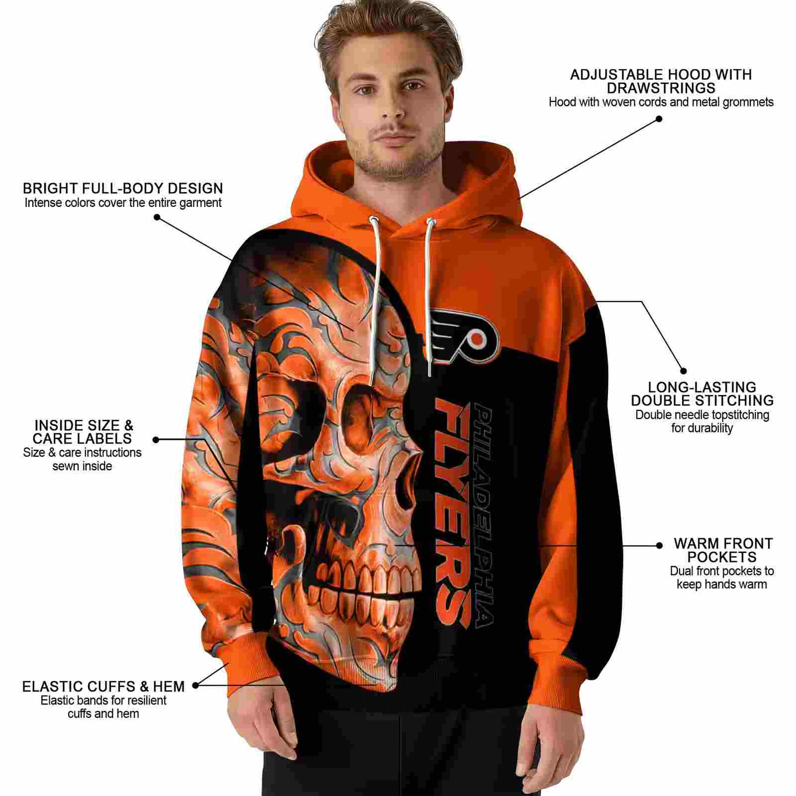 philadelphia flyers skull motif orange black hoodie latest model