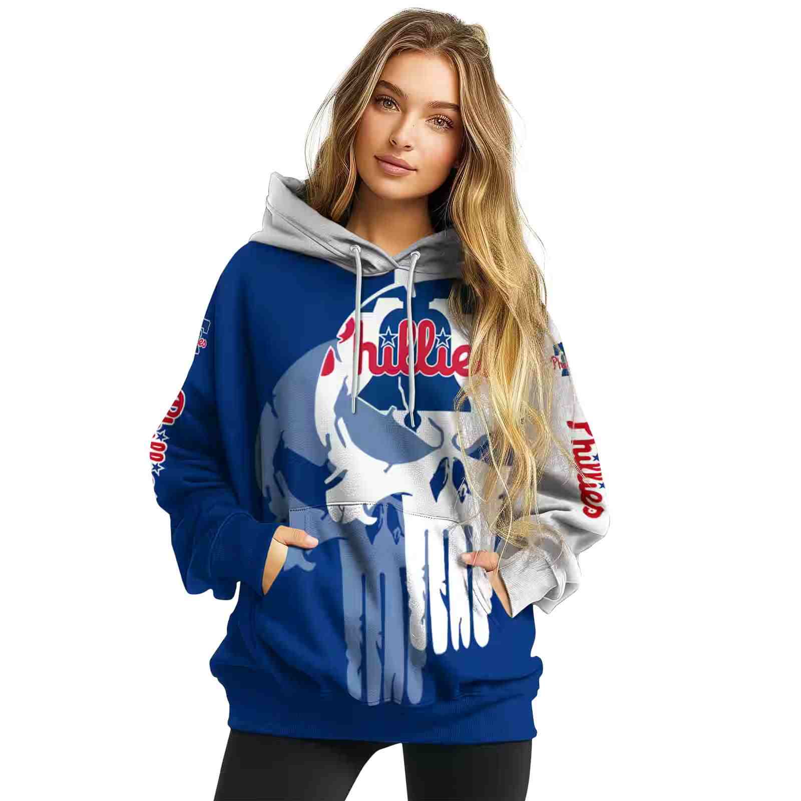 philadelphia phillies graphic punisher blue white hoodie high quality