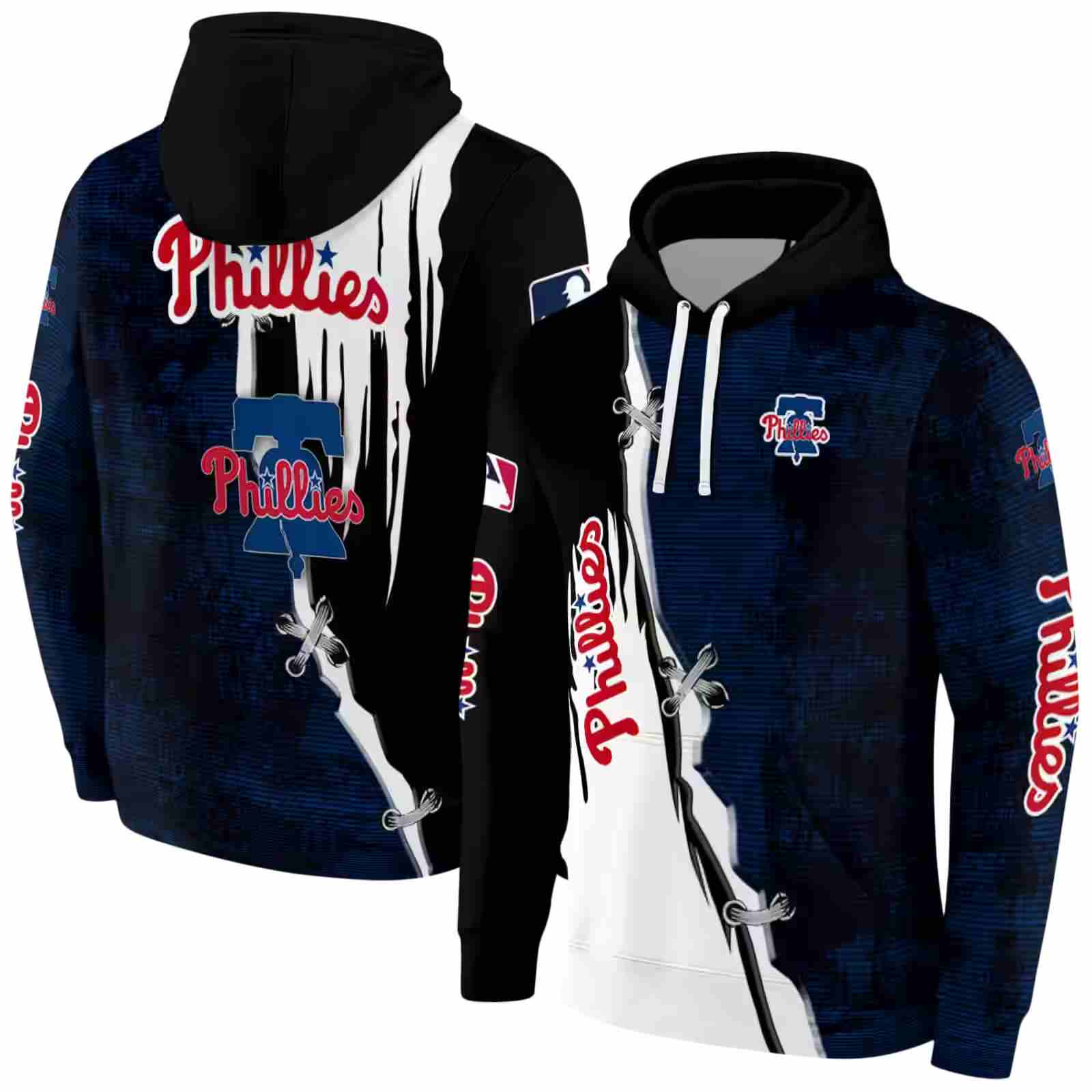 philadelphia phillies ripped pattern blue black white hoodie fashion forward