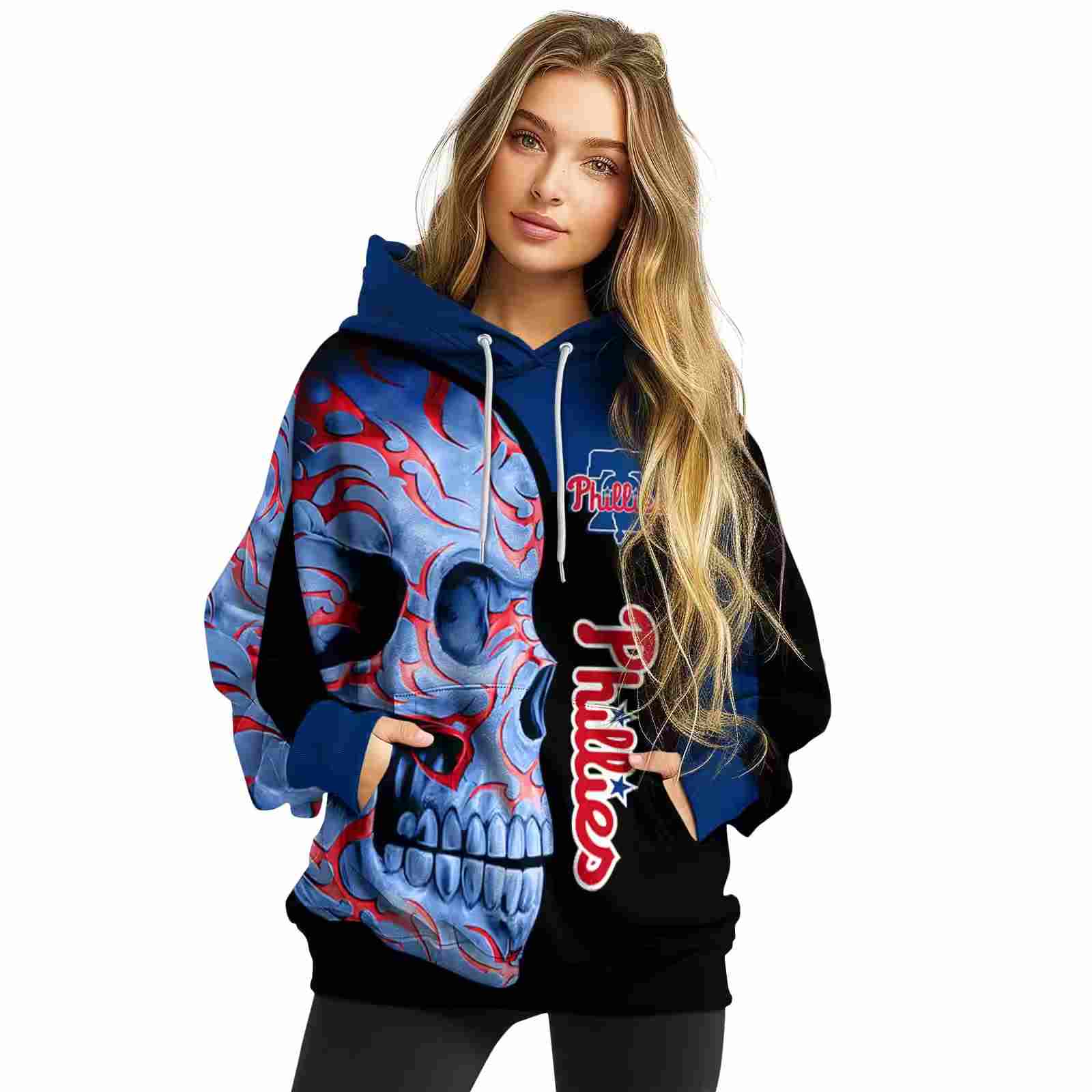 philadelphia phillies skull motif blue black hoodie high quality