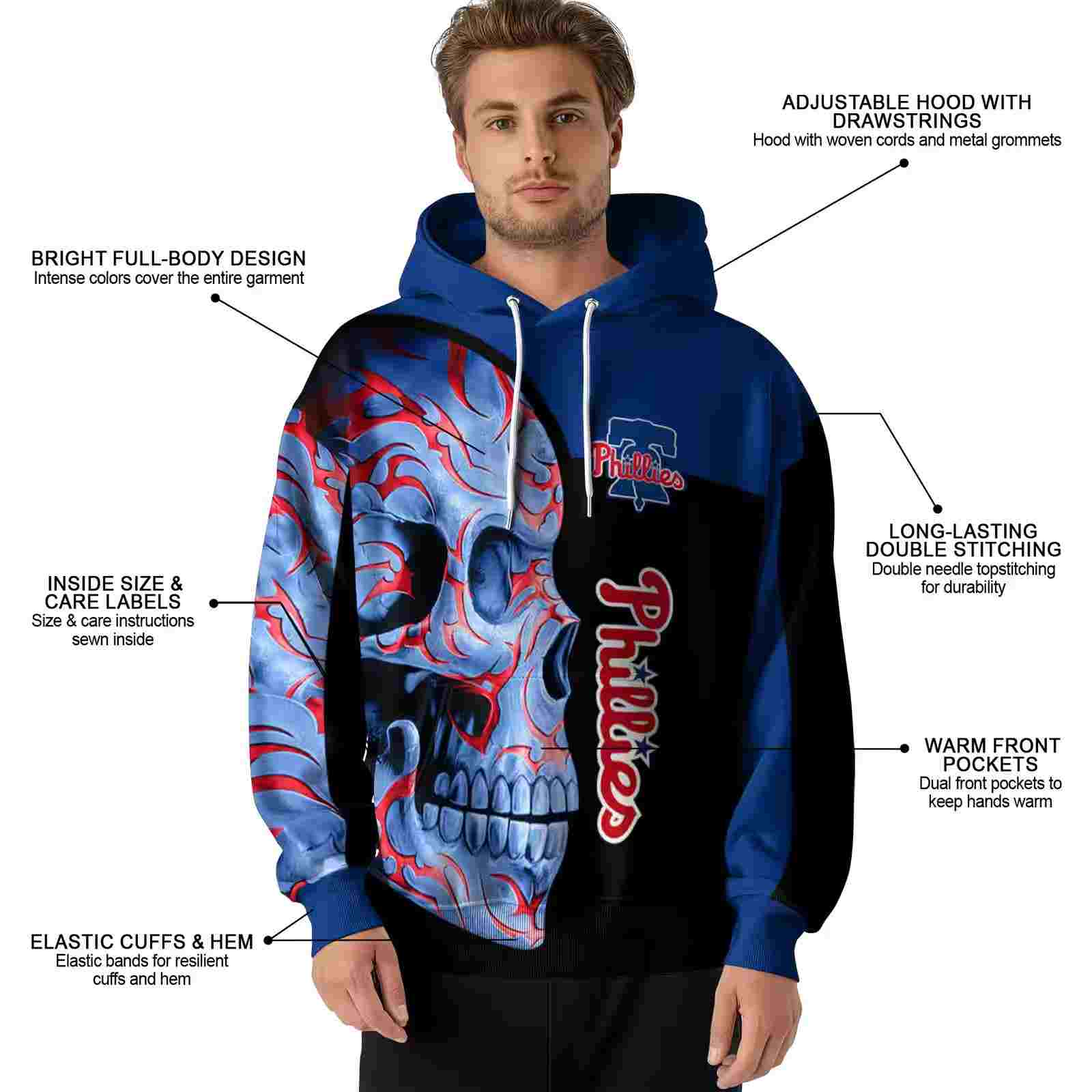 philadelphia phillies skull motif blue black hoodie latest model